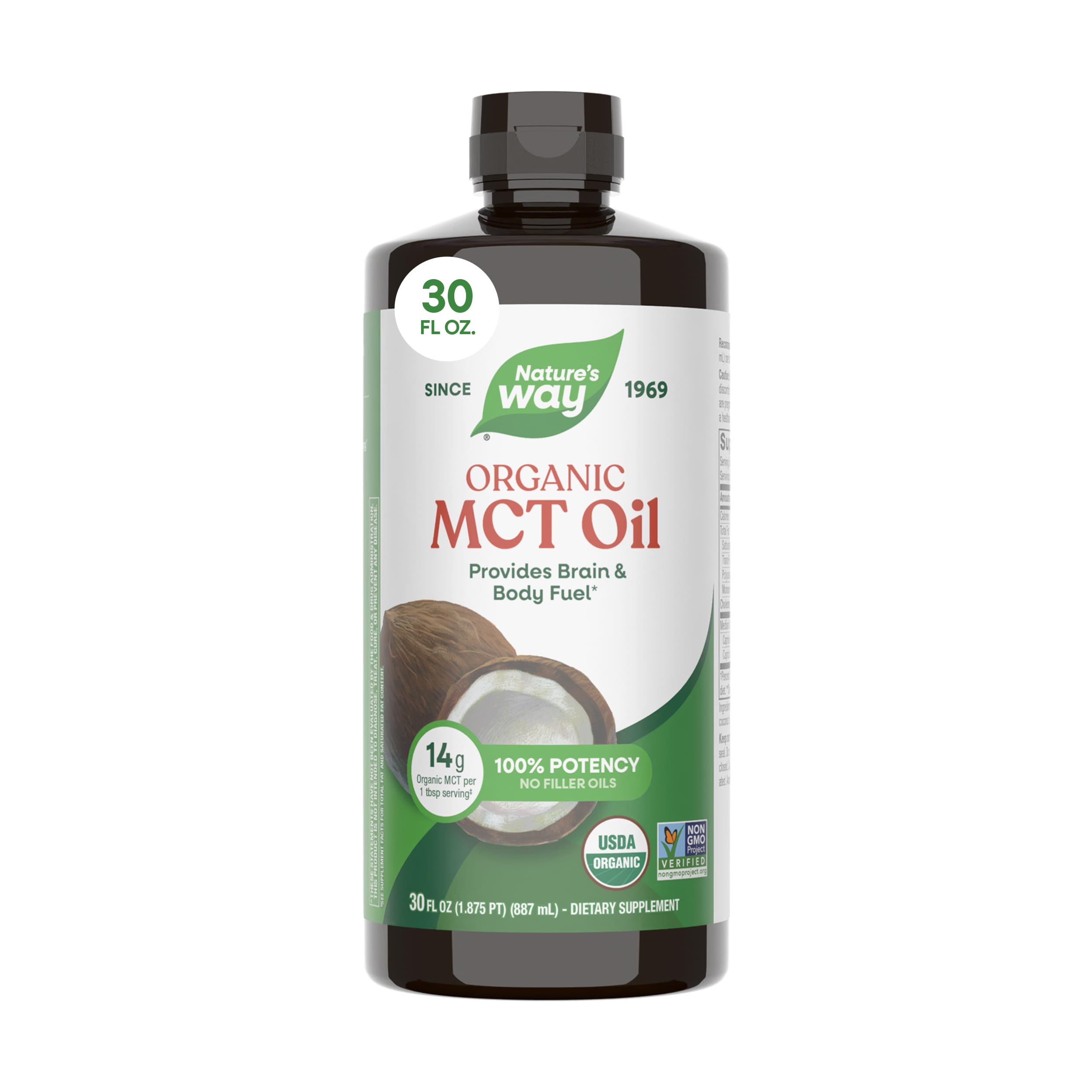 Nature's Way botella frontal mostrando aceite MCT orgánico, claridad y confianza