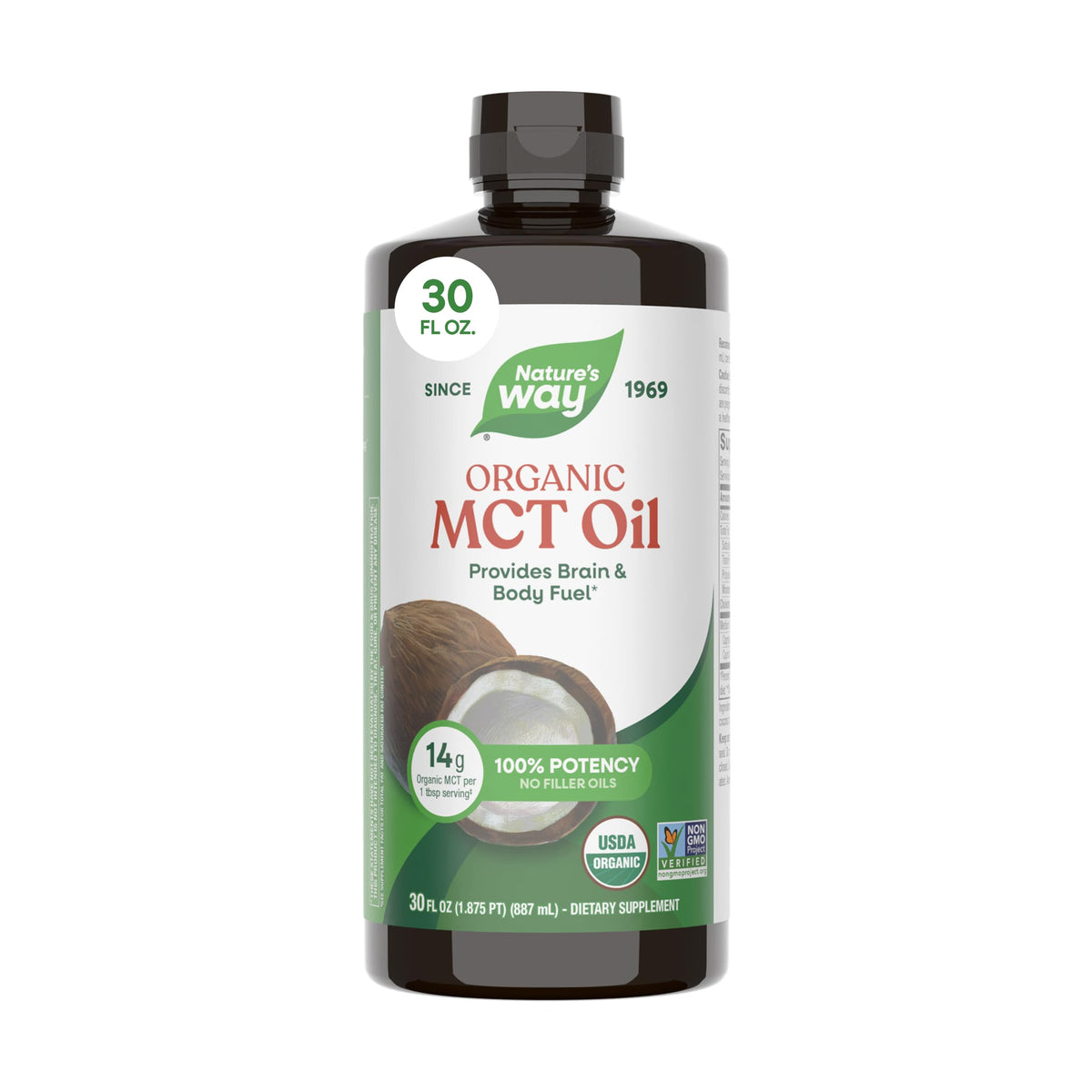 Nature's Way botella frontal mostrando aceite MCT orgánico, claridad y confianza