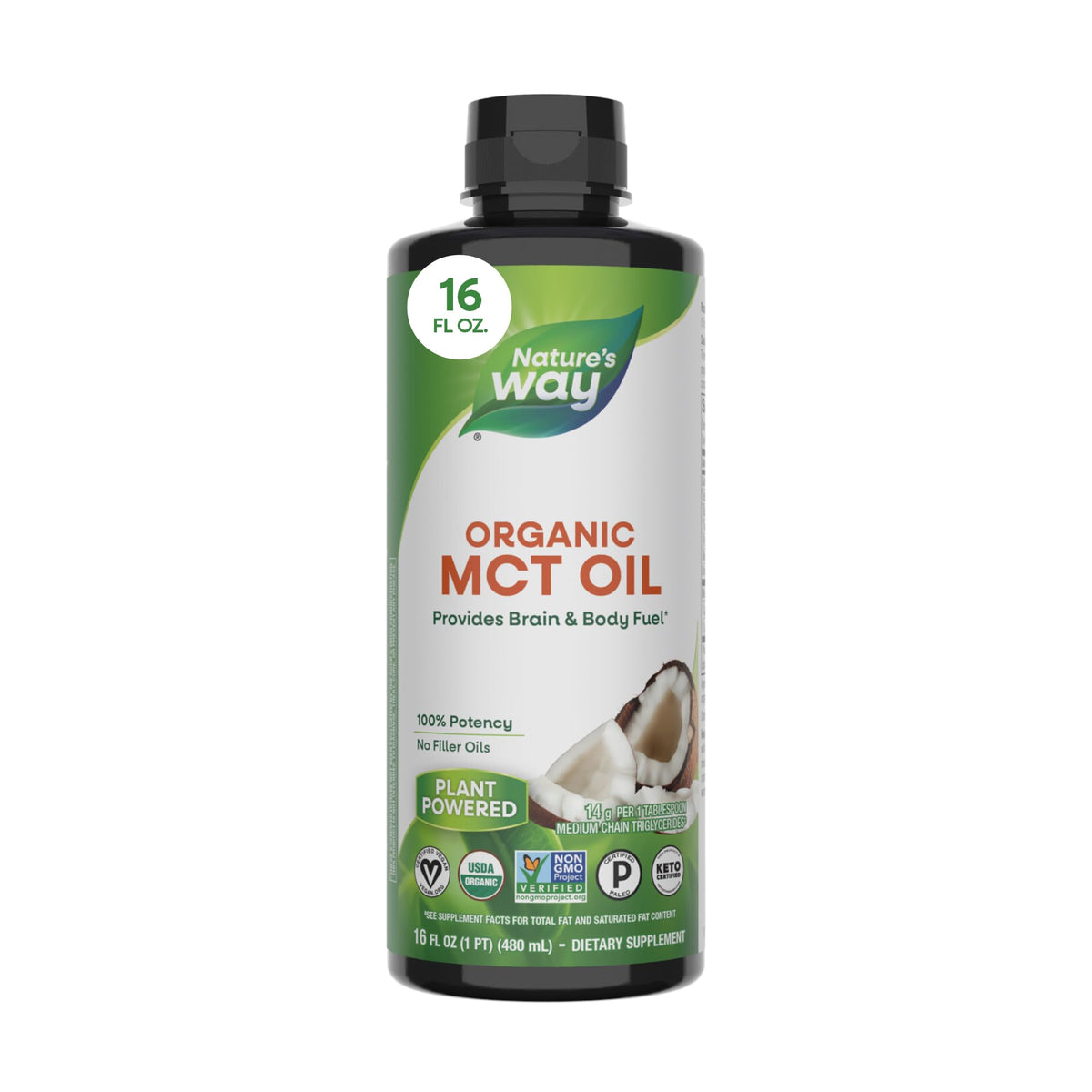 Nature's Way botella frontal mostrando aceite MCT orgánico, práctico para energía