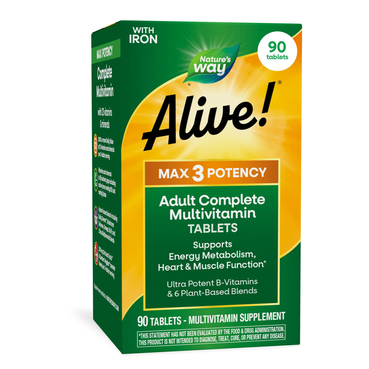 Nature's Way frasco Alive! Max3 frente mostrando presentación de 90 ct y conveniencia