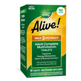 Nature's Way frasco Alive! Max3 frente mostrando presentación de 90 ct y conveniencia