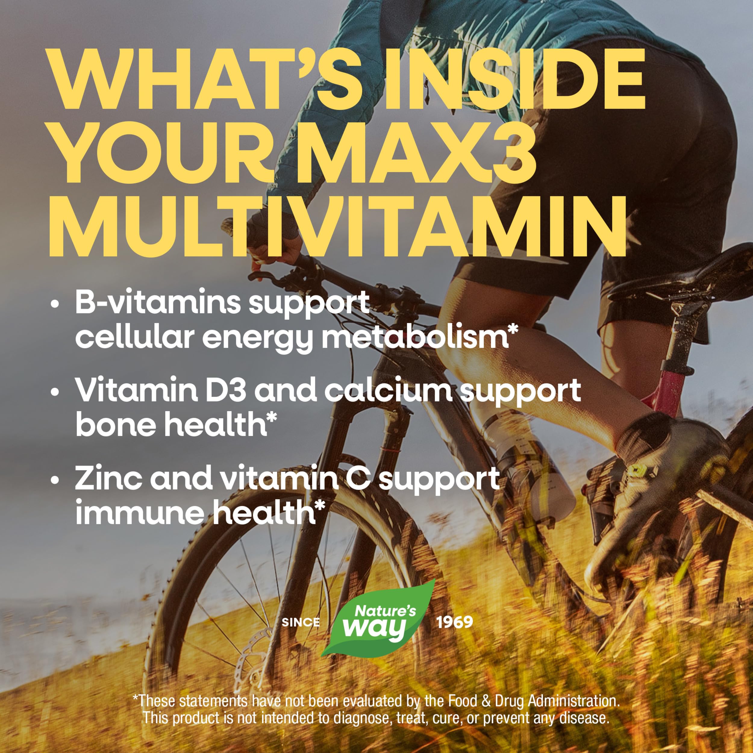 Nature's Way Alive! Max3 junto a frutas y verduras para resaltar aporte vegetal