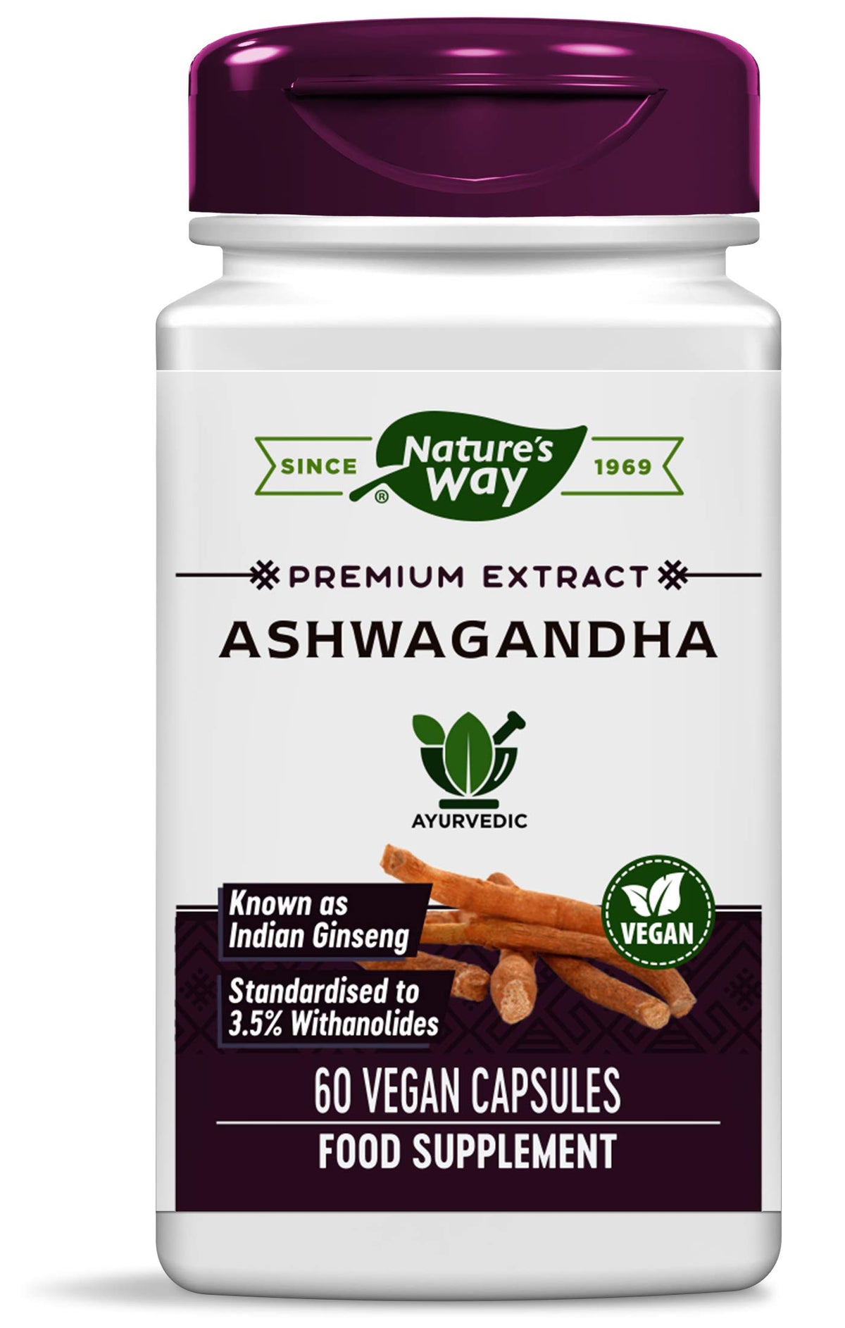Nature's Way frasco de Ashwagandha visto al frente, confianza de marca