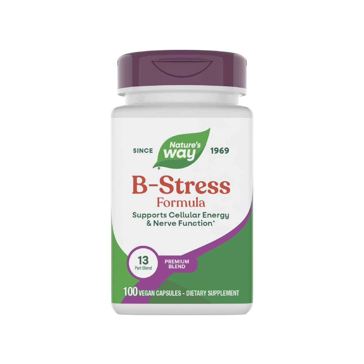 Nature's Way envase frontal mostrando fórmula B-Stress y beneficio energía