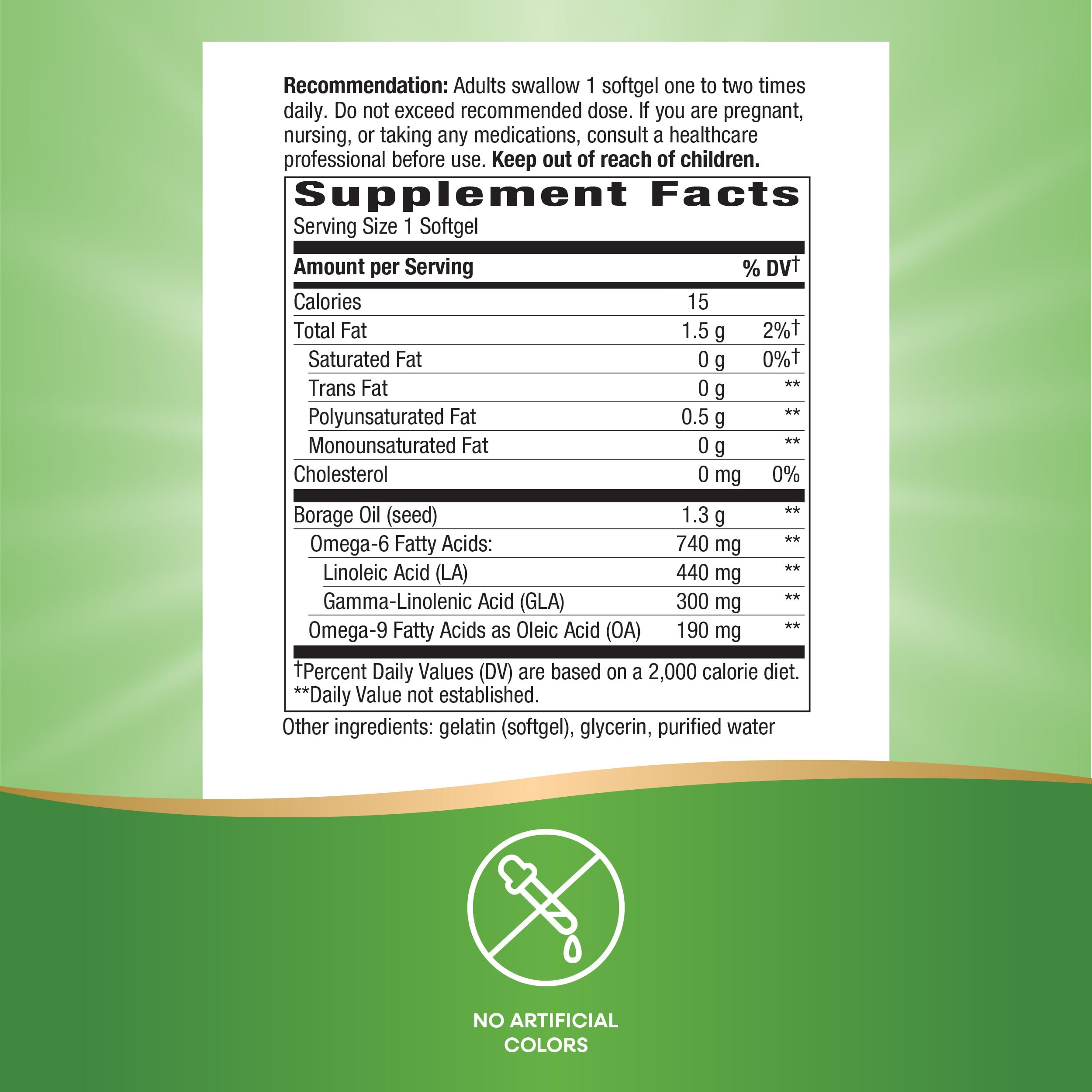 Nature's Way etiqueta con Supplement Facts visible para revisar GLA y grasas