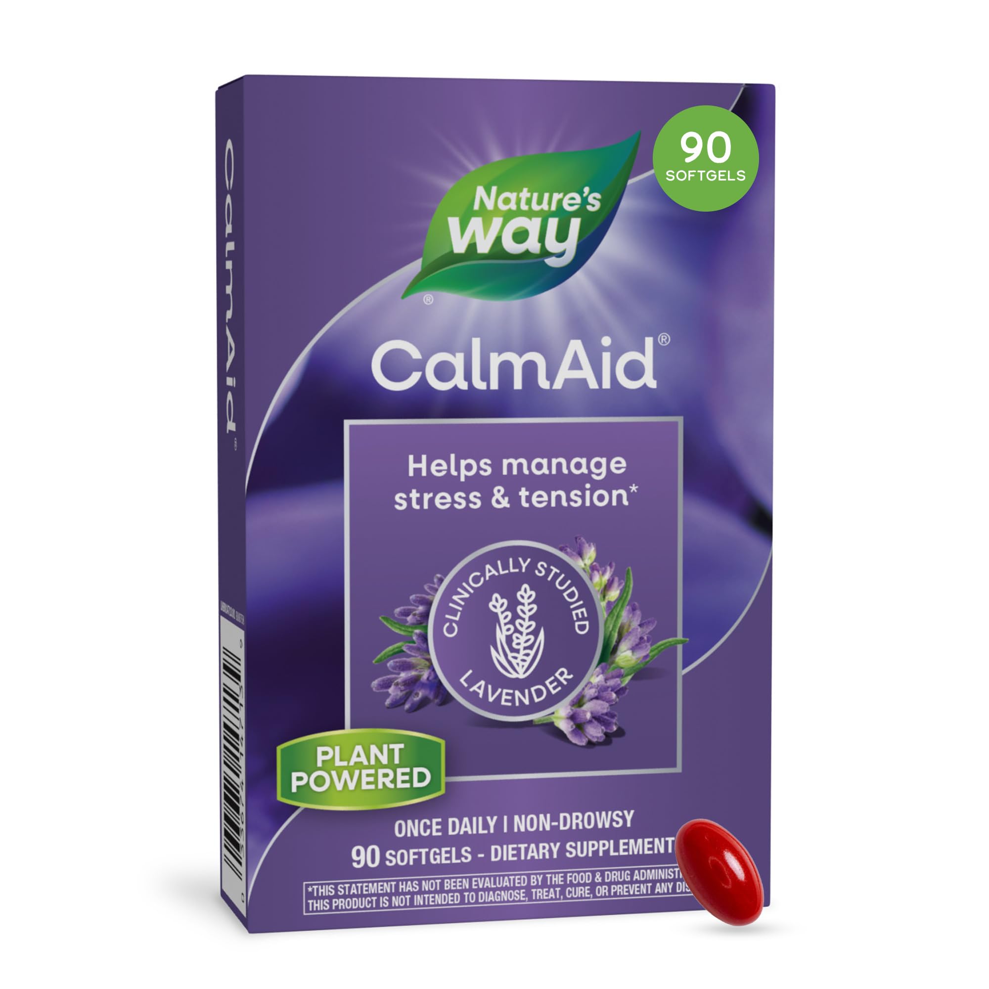 Nature's Way CalmAid envase frontal mostrando 90 cápsulas y beneficios de calma