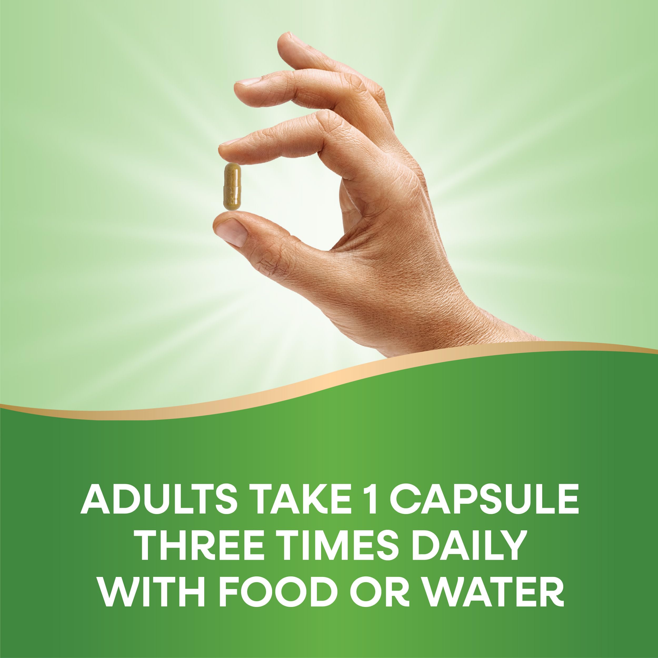 Nature's Way cápsula junto a vaso de agua y plato para uso con comida