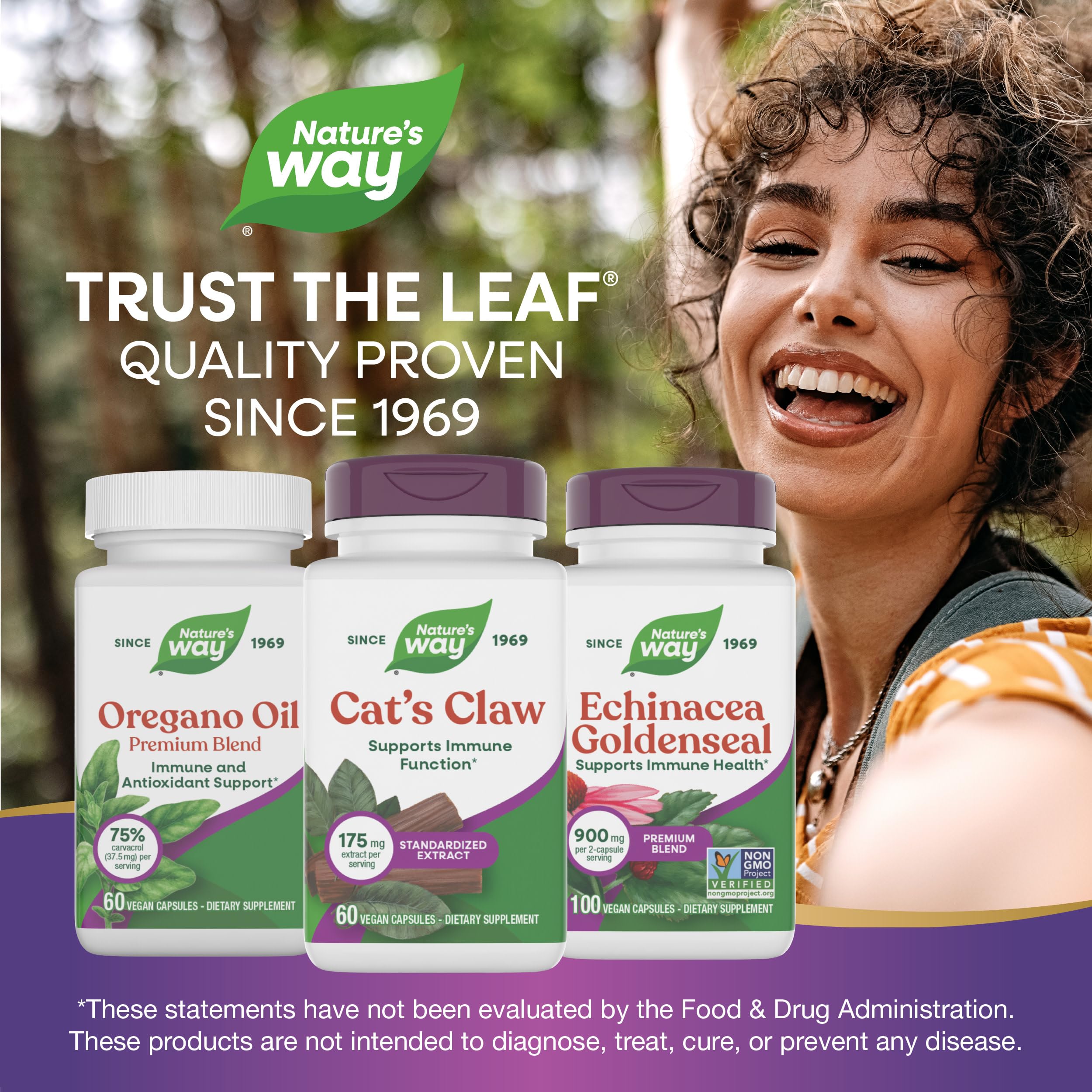 Nature's Way frasco en entorno natural que sugiere origen botánico y confianza