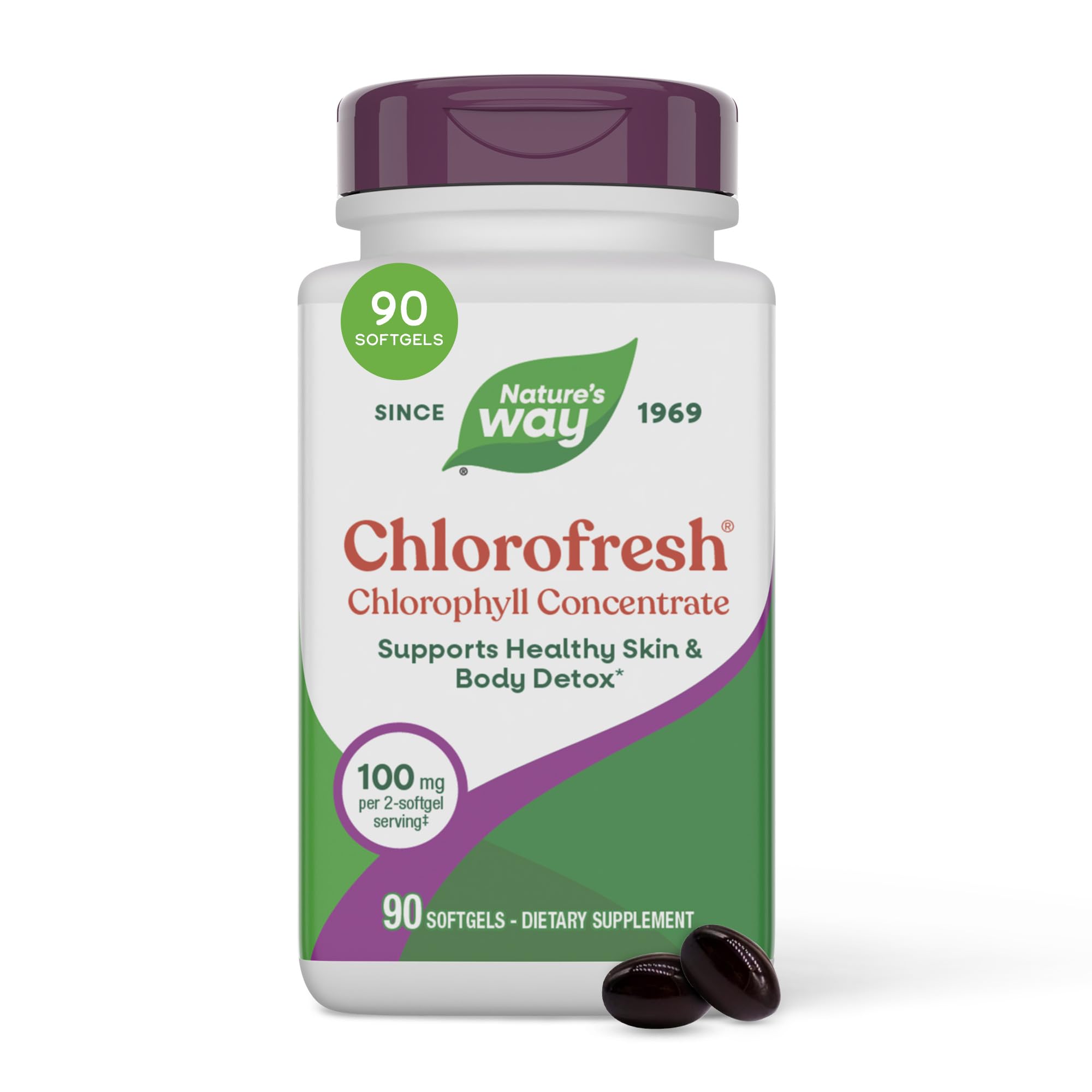 Nature's Way botella frontal de Chlorofresh mostrando envase y conteo 90 ct, clara y práctica