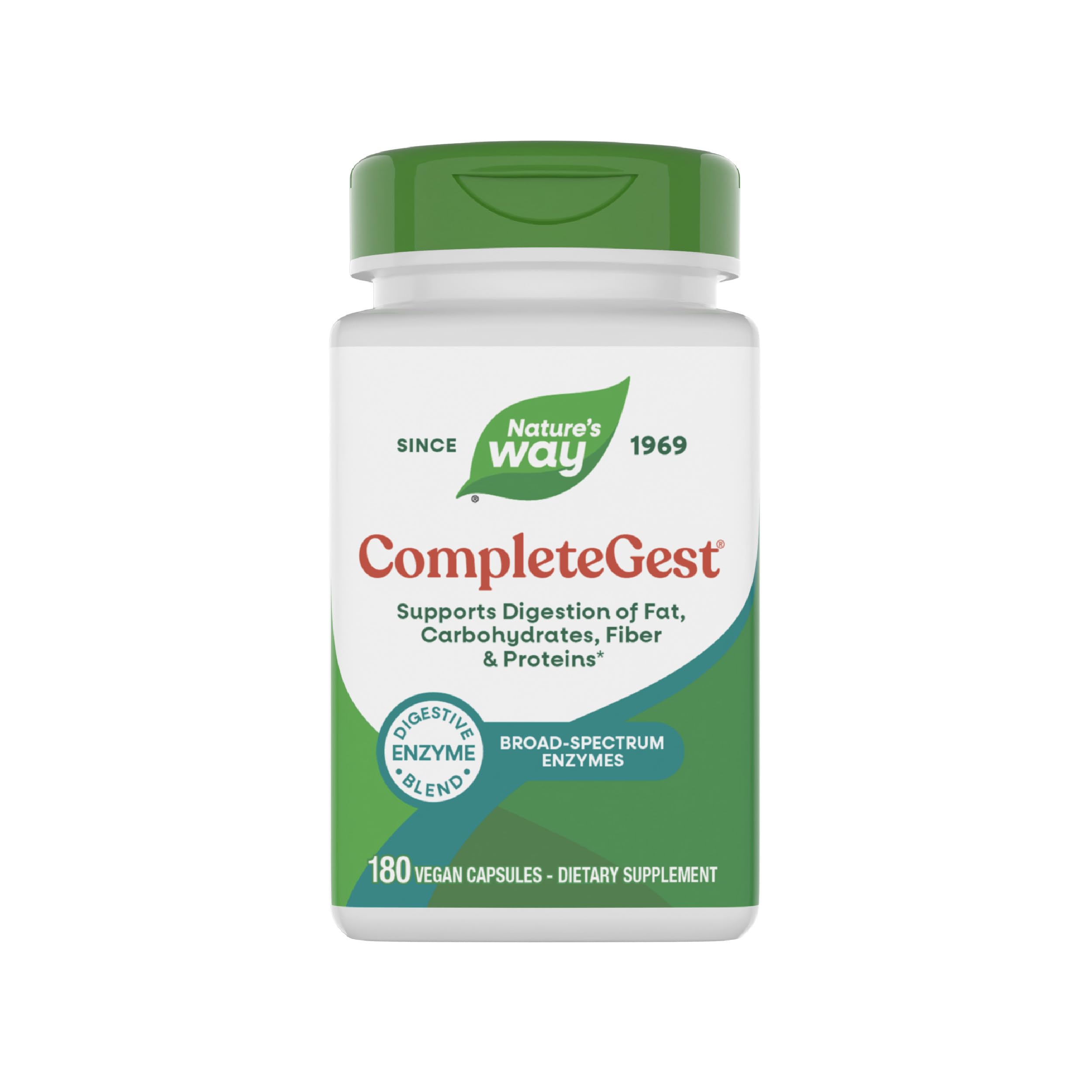 Nature's Way frasco CompleteGest frente, presenta envase claro y beneficios veganos