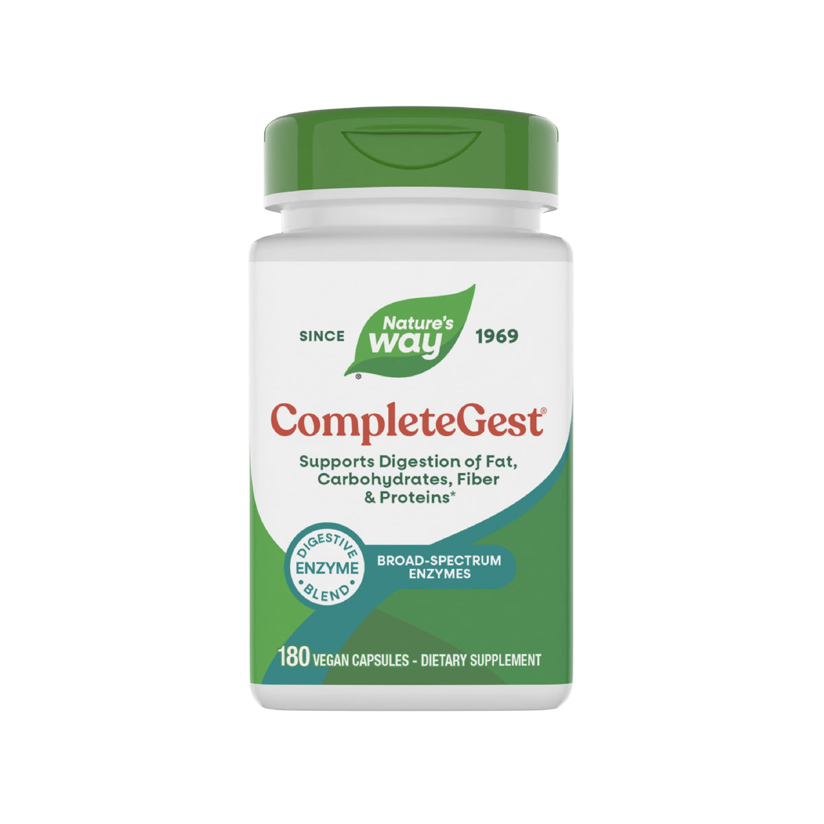 Nature's Way frasco CompleteGest frente, presenta envase claro y beneficios veganos