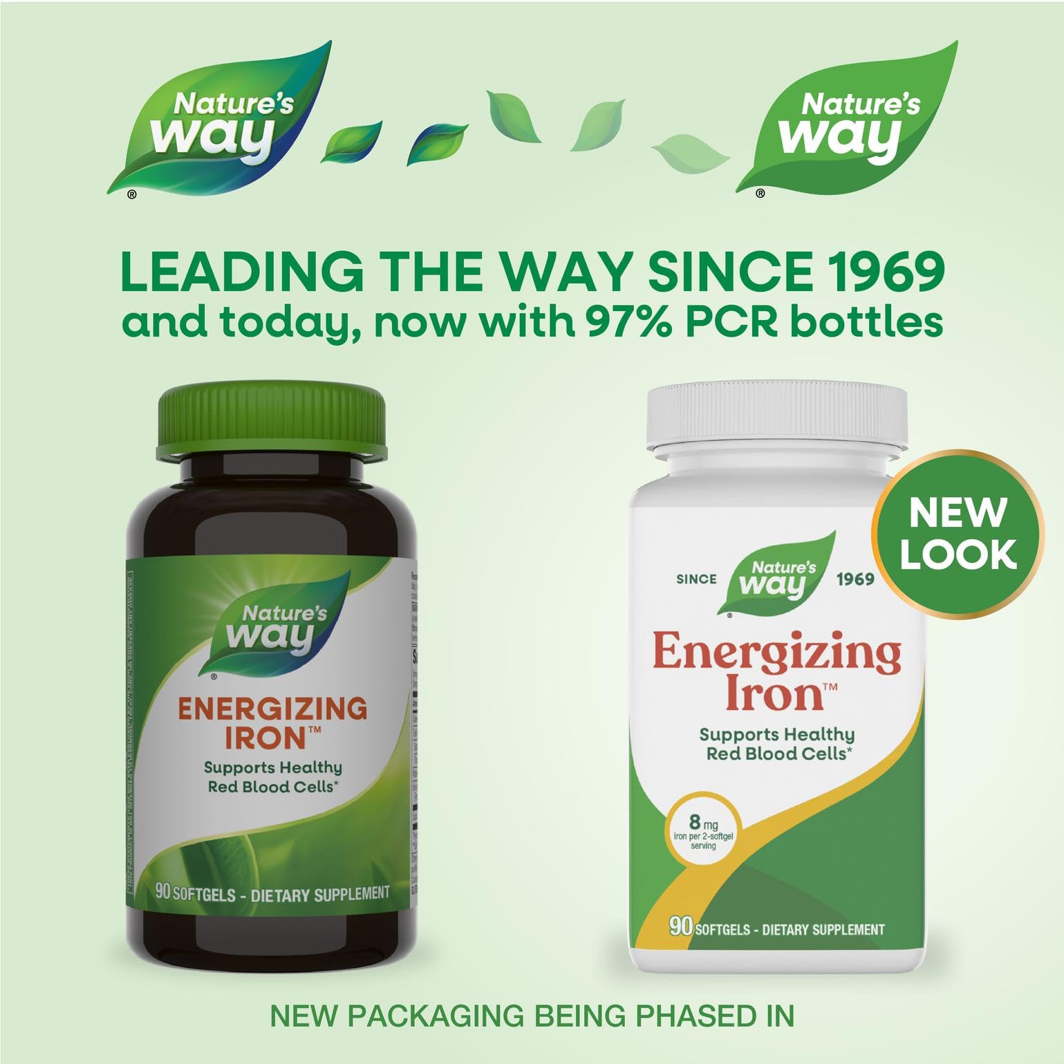 Nature's Way frasco abierto con softgels visibles, fácil acceso diario