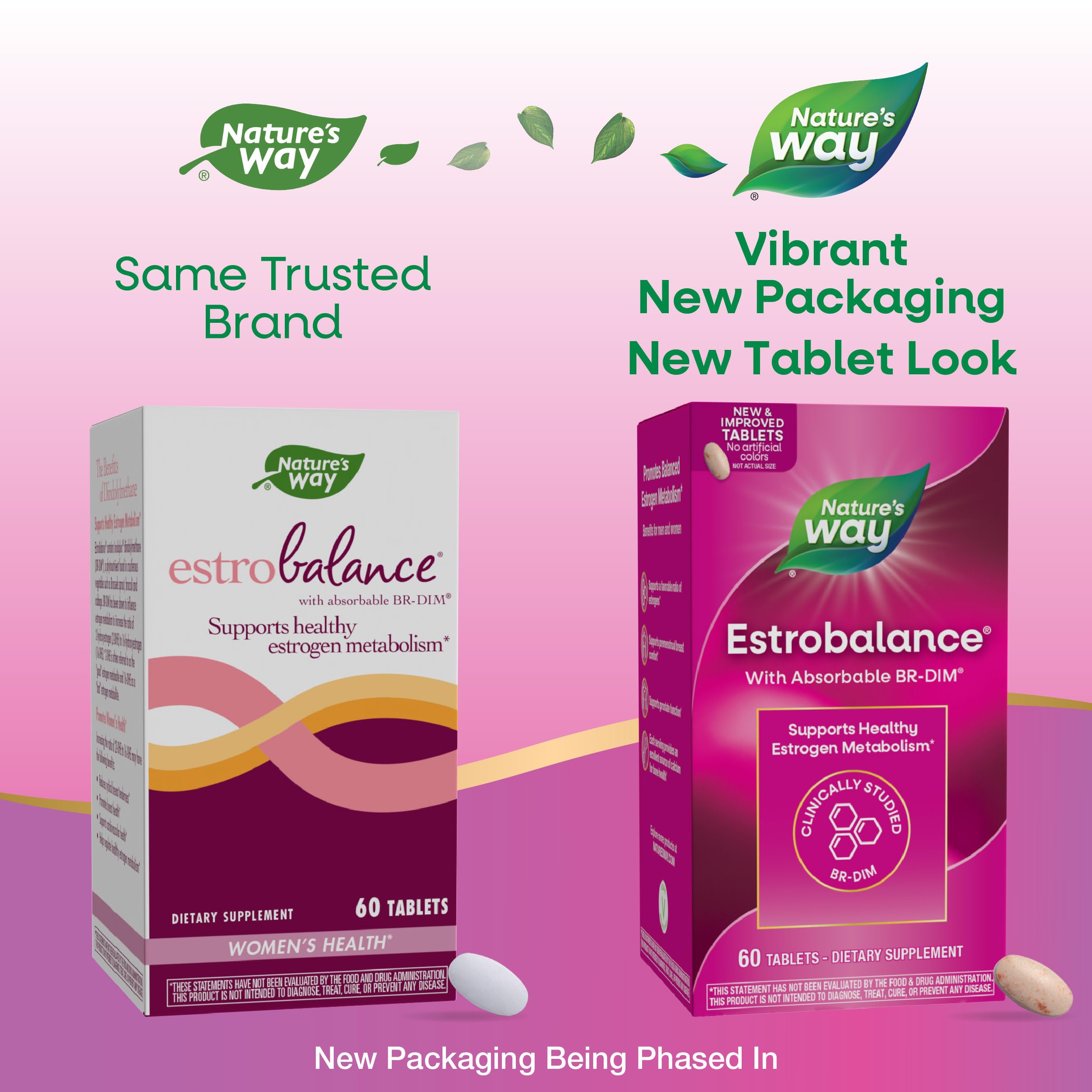 Nature's Way tableta de Estrobalance en mano para tamaño y dosificación claras