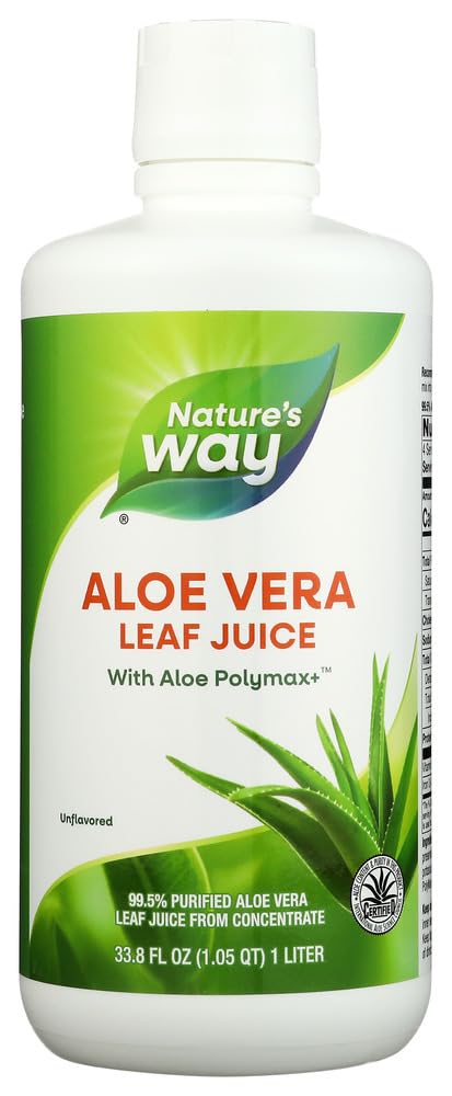 Nature's Way botella frontal de jugo de aloe, envase claro y práctico