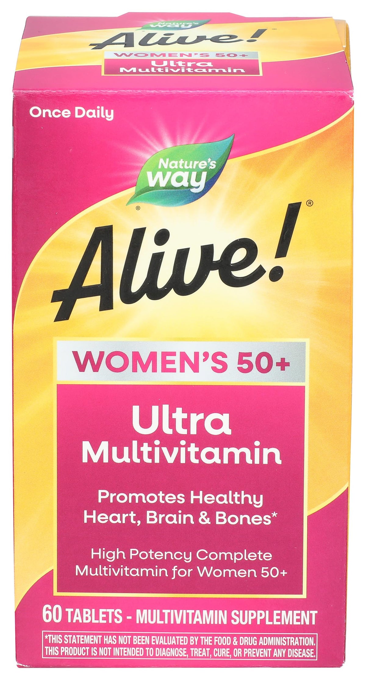 Nature's Way frente del empaque mostrando 60 tabletas y conveniencia diaria