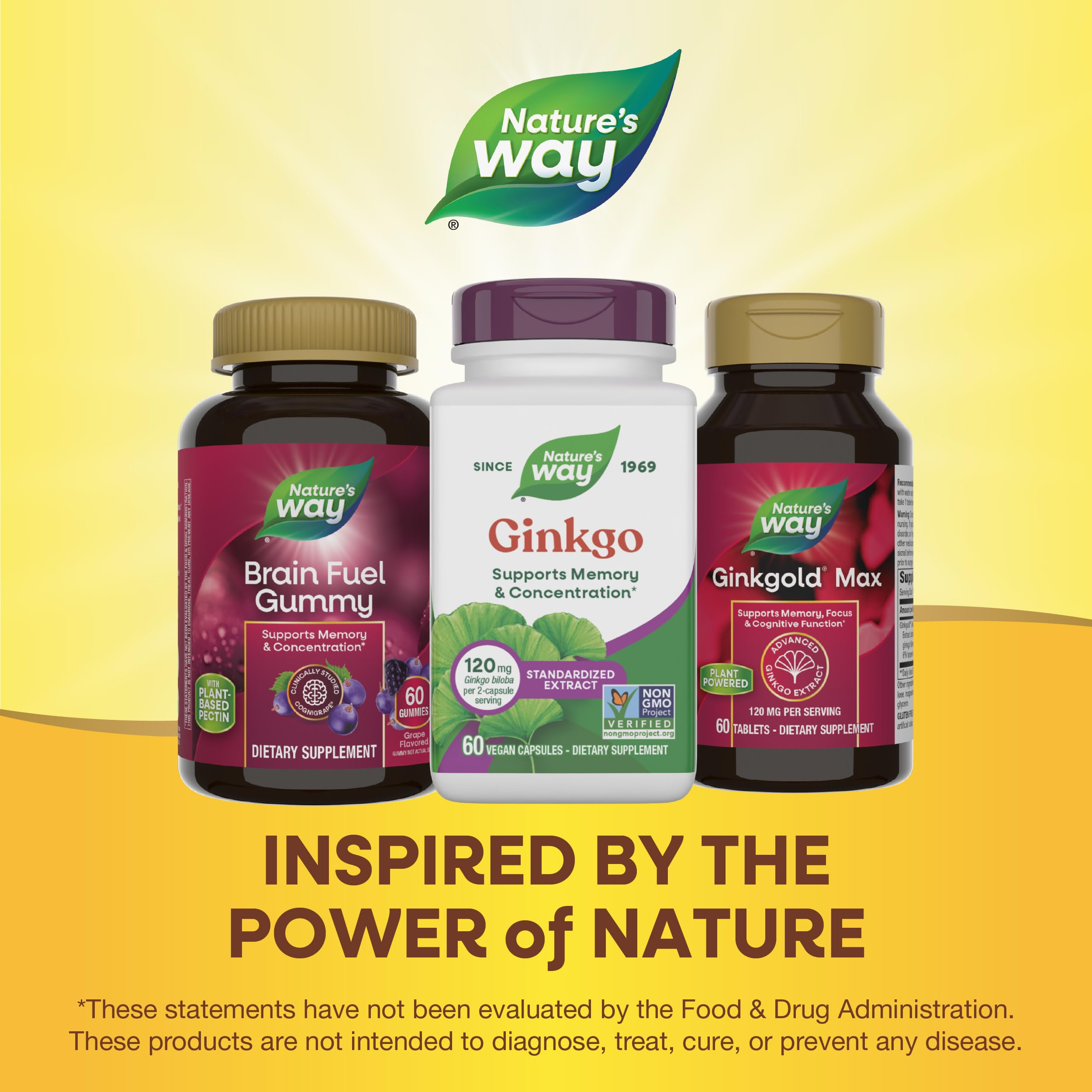 Nature's Way hojas de ginkgo y gotu kola destacando ingredientes botánicos