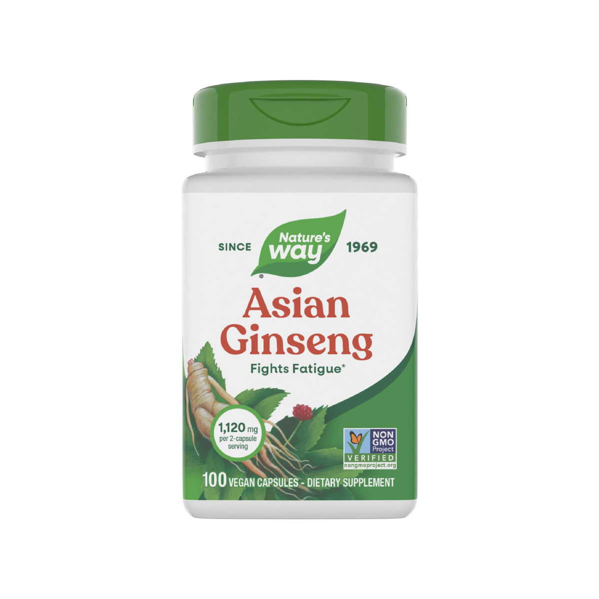 Nature's Way frasco frontal con ginseng asiático mostrando la marca y beneficio energizante