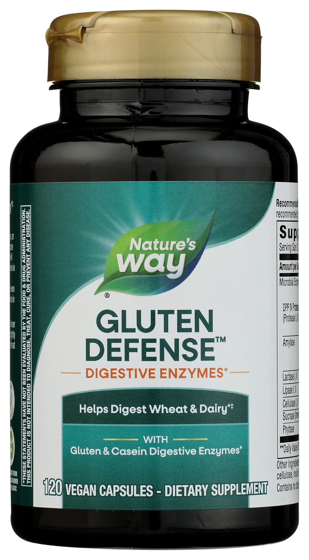 Nature's Way botella frontal mostrando cápsulas, beneficio: apoyo digestivo para gluten y caseína