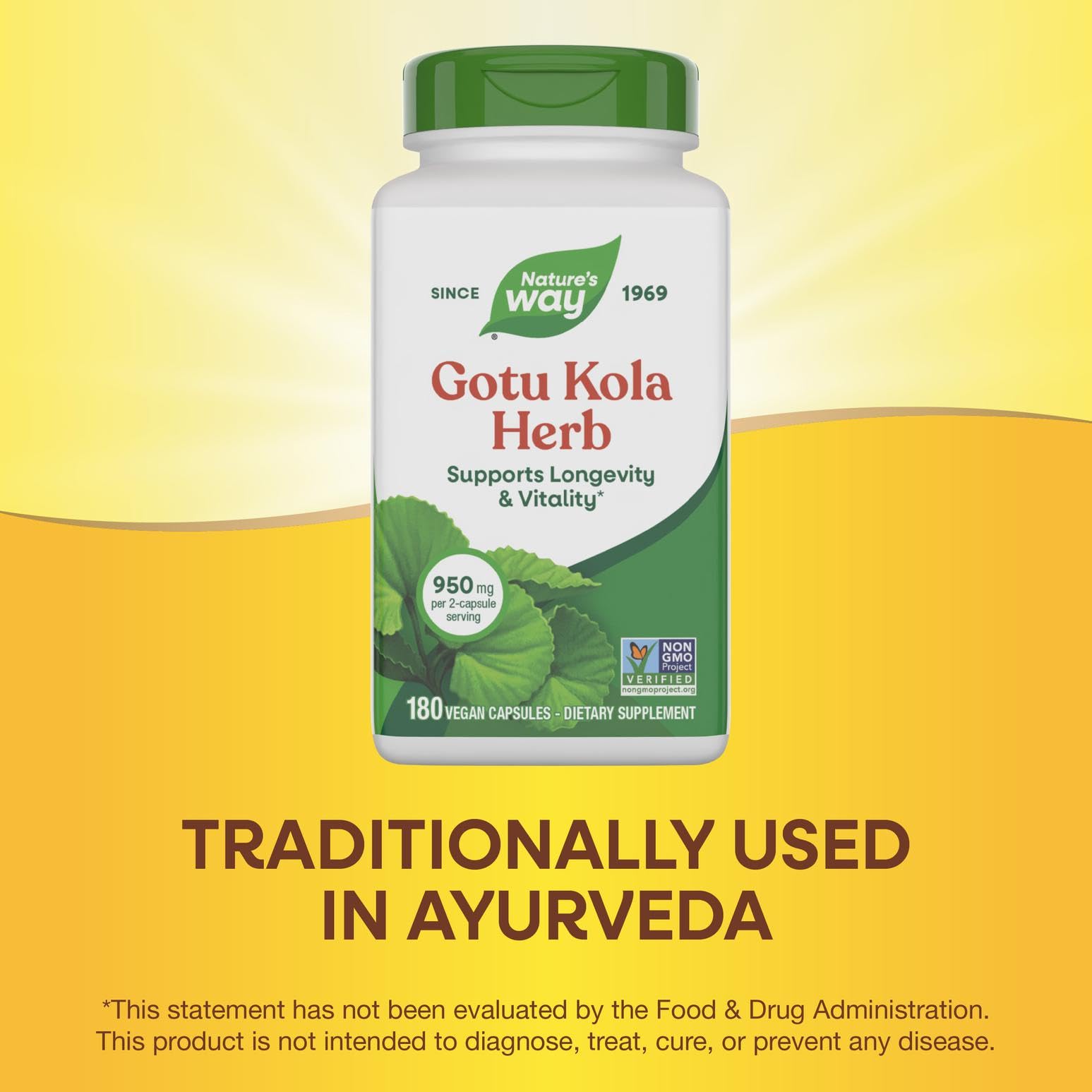 Nature's Way frasco sostenido en mano para apreciar tamaño y dosis