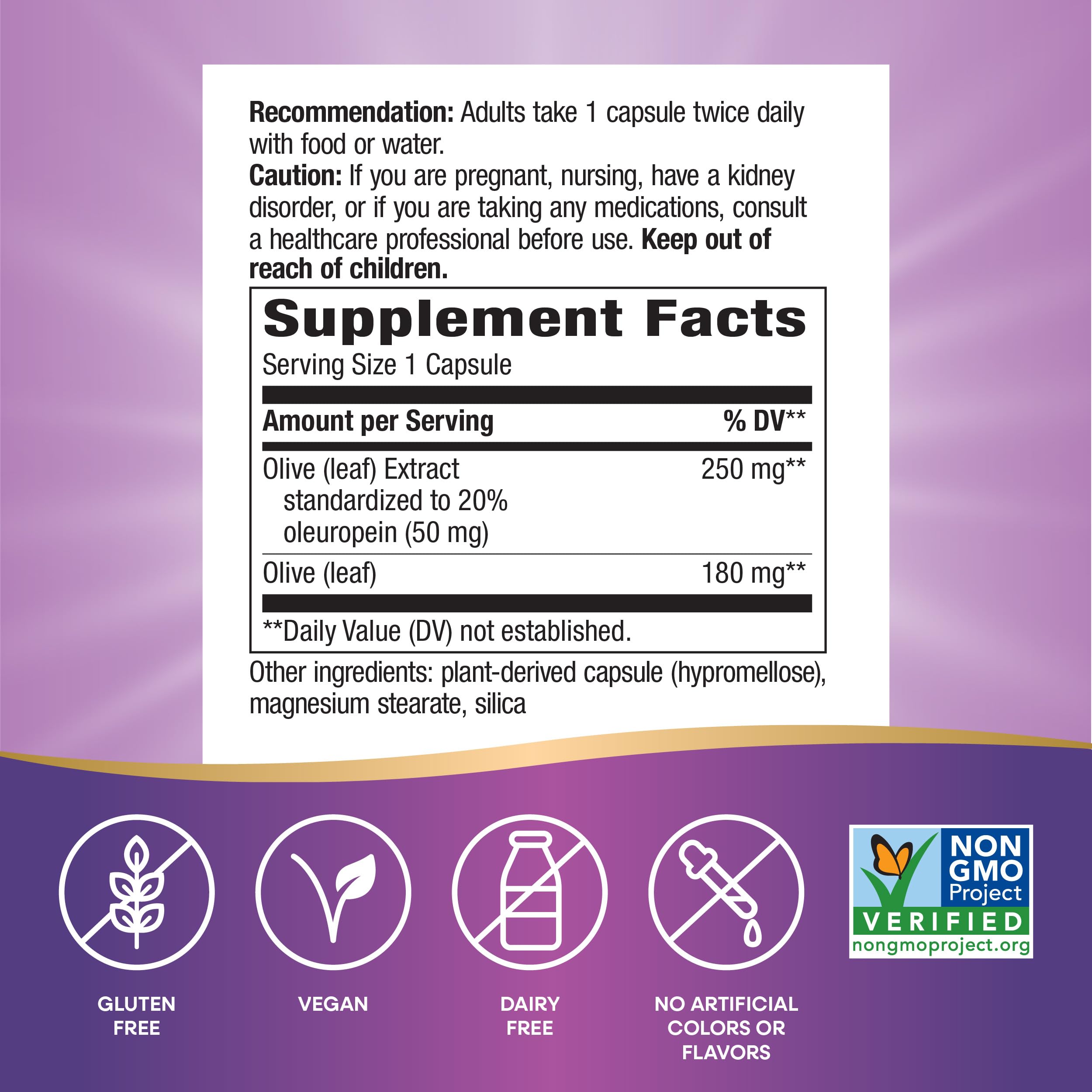 Nature's Way etiqueta nutricional y 20% oleuropeína para verificación clara