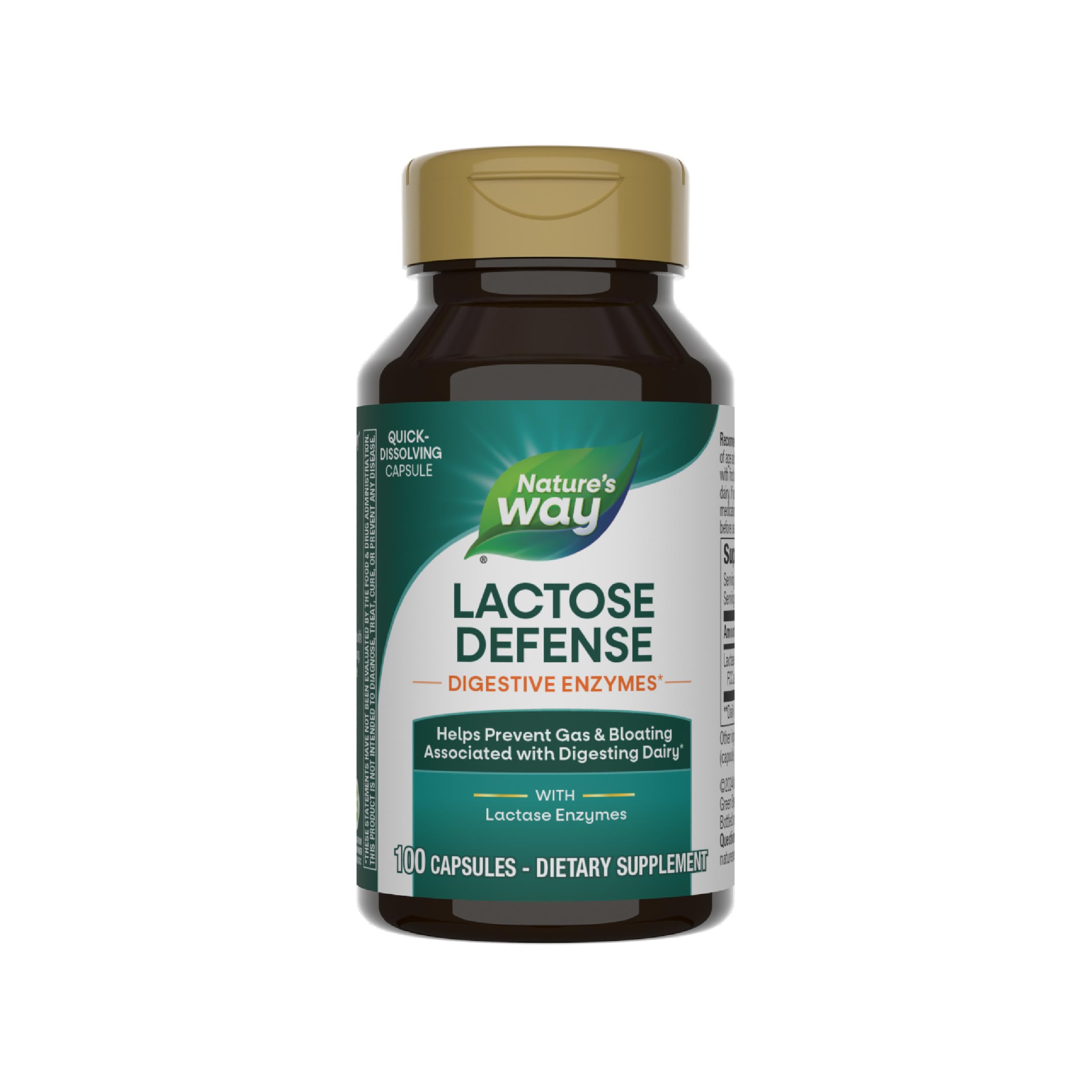 Nature's Way frasco frontal mostrando Lactose Defense y beneficio digestivo