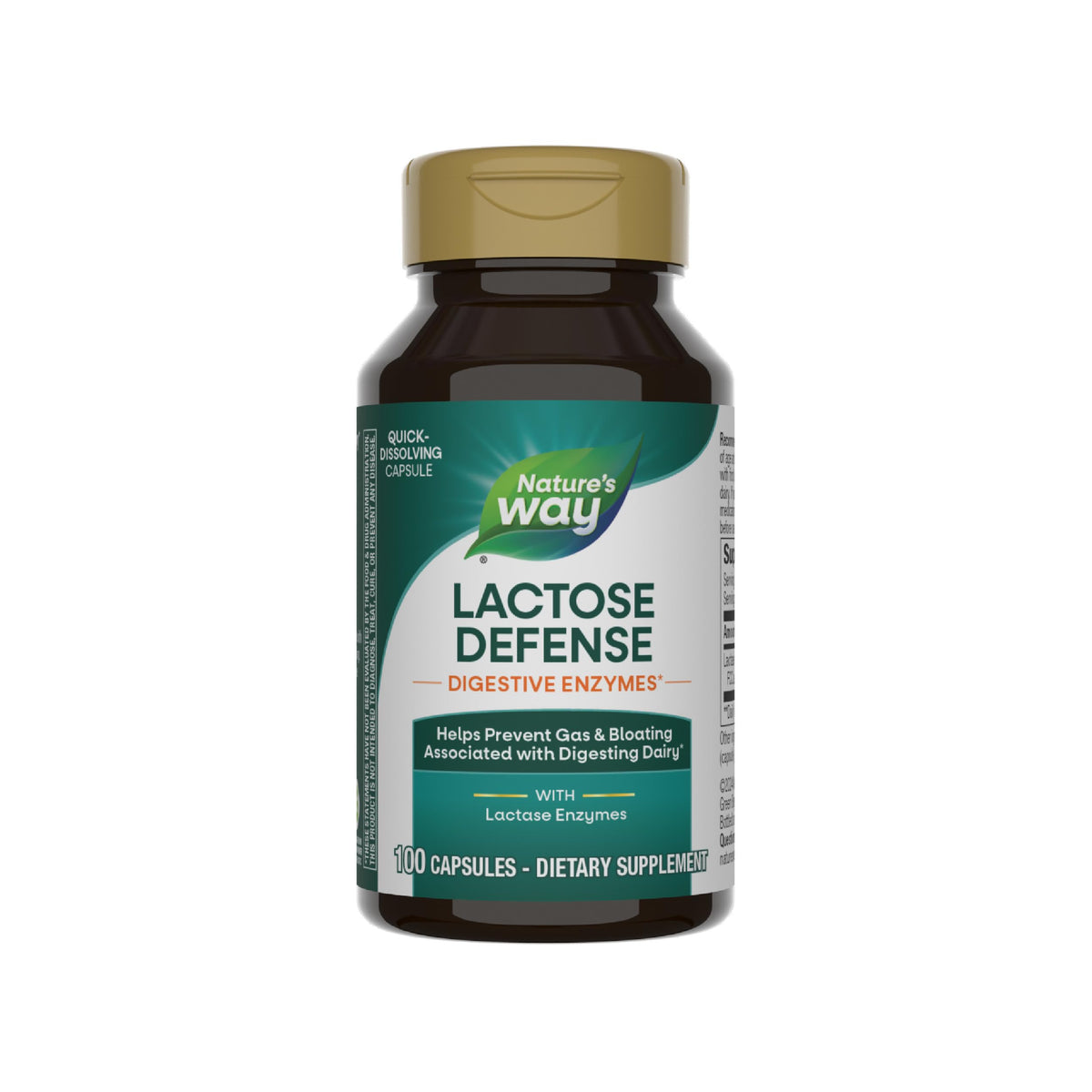 Nature's Way frasco frontal mostrando Lactose Defense y beneficio digestivo