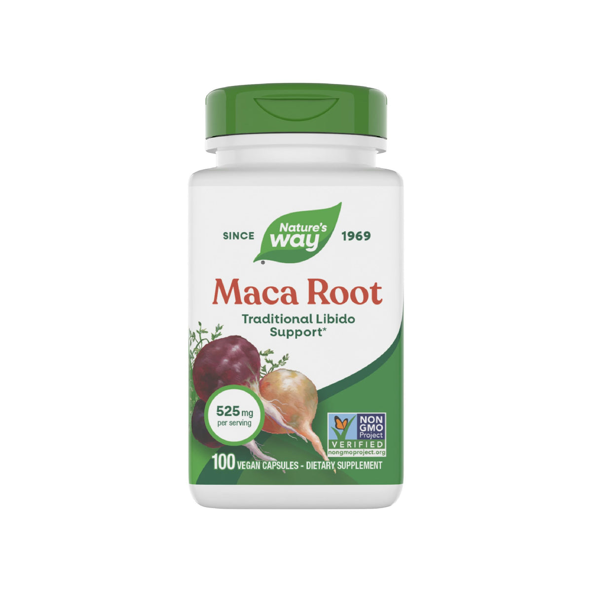 Nature's Way envase frontal de Maca Root mostrando etiqueta clara y beneficio