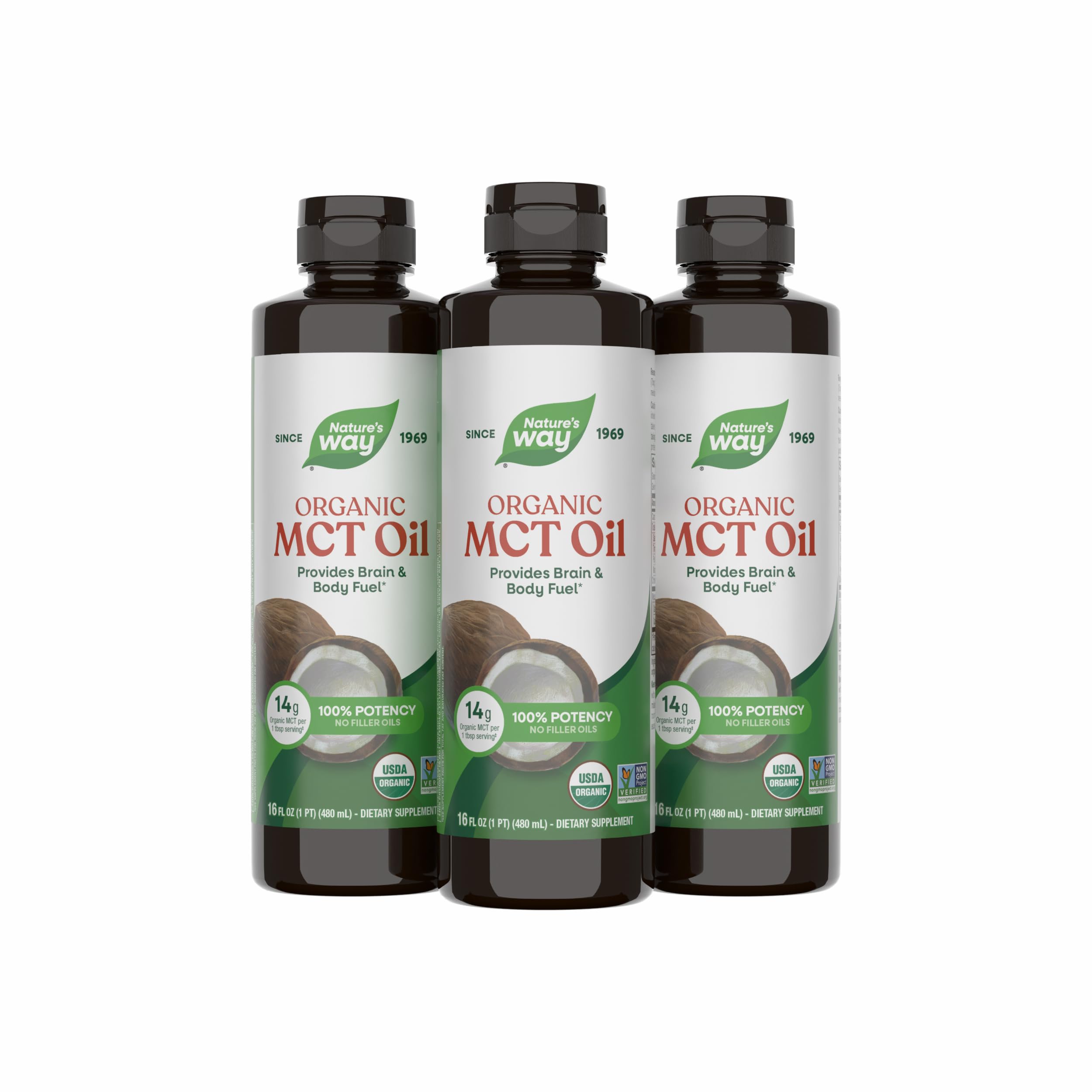 Nature's Way envase frontal del aceite MCT mostrando tamaño y etiquetado beneficioso