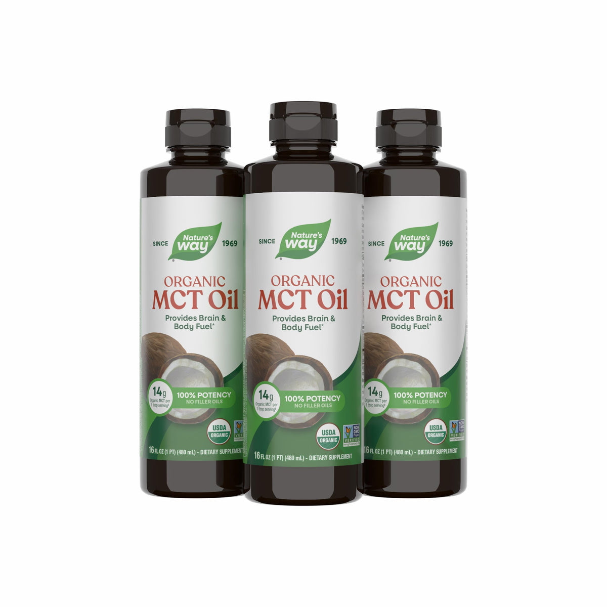 Nature's Way envase frontal del aceite MCT mostrando tamaño y etiquetado beneficioso