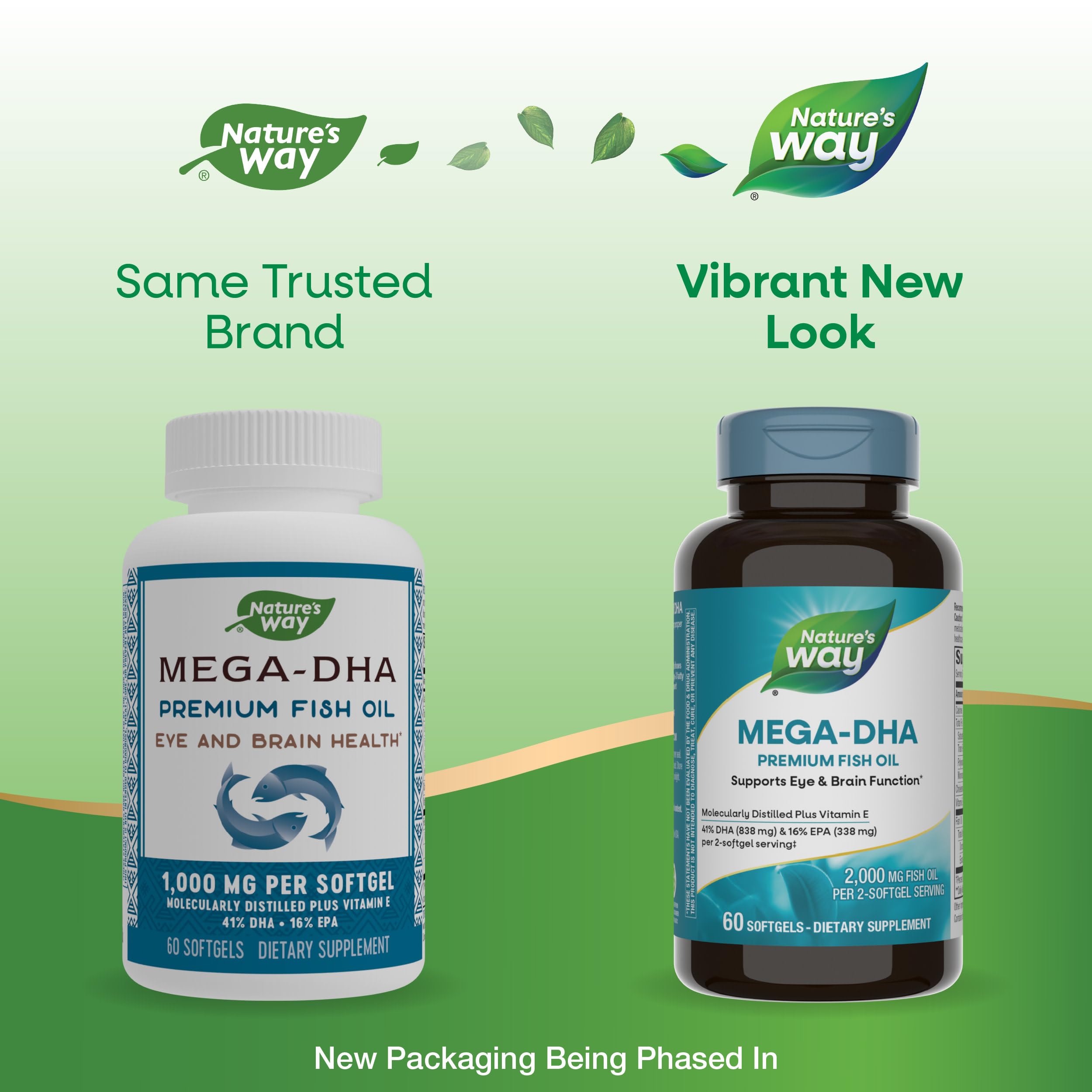 Nature's Way cápsulas blandas Mega‑DHA en primer plano, resalta fácil ingestión y pureza