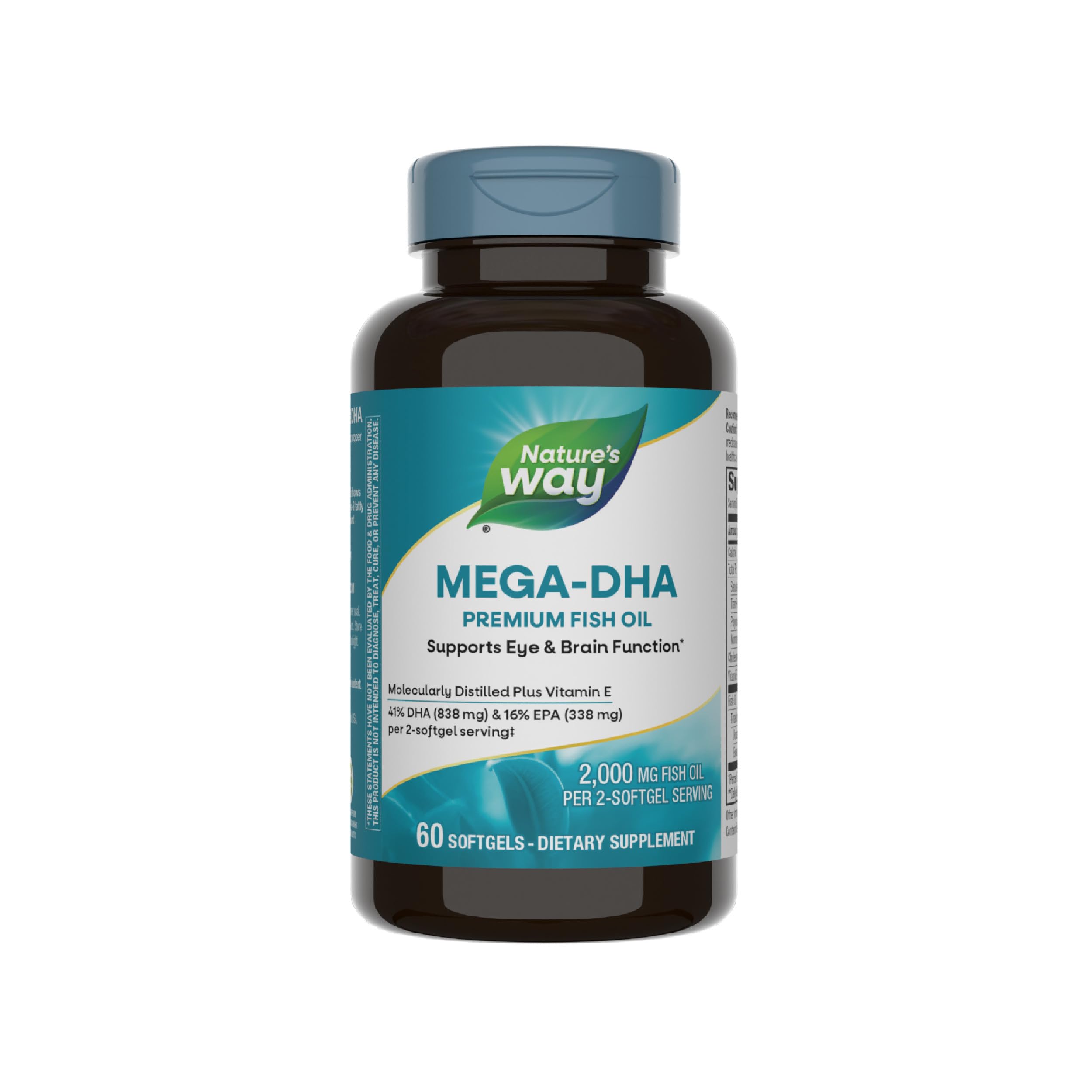 Nature's Way envase frontal Mega‑DHA mostrando cantidad y formato, facilita elección informada
