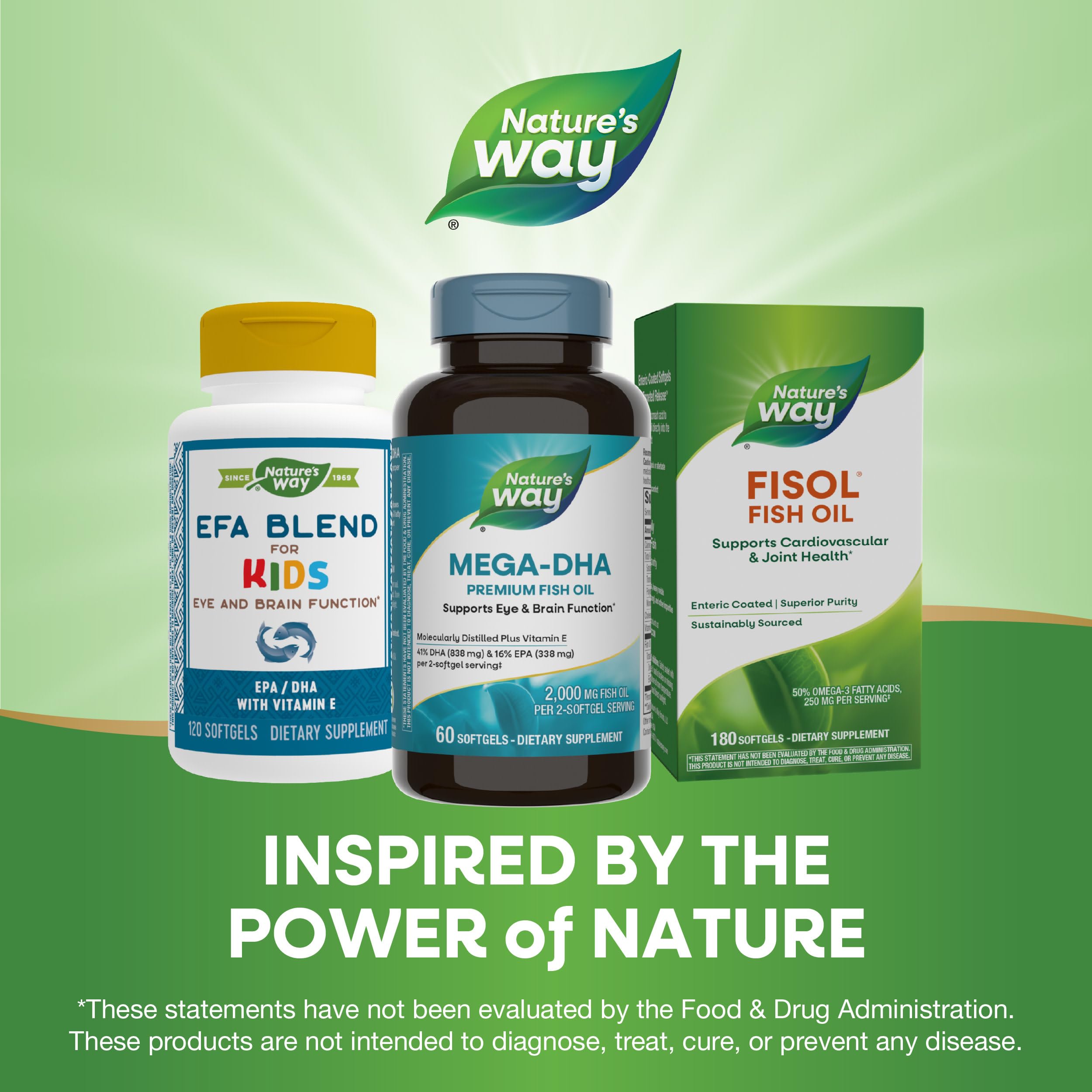 Nature's Way estilo de vida con Mega‑DHA destacando apoyo a memoria y visión en adultos