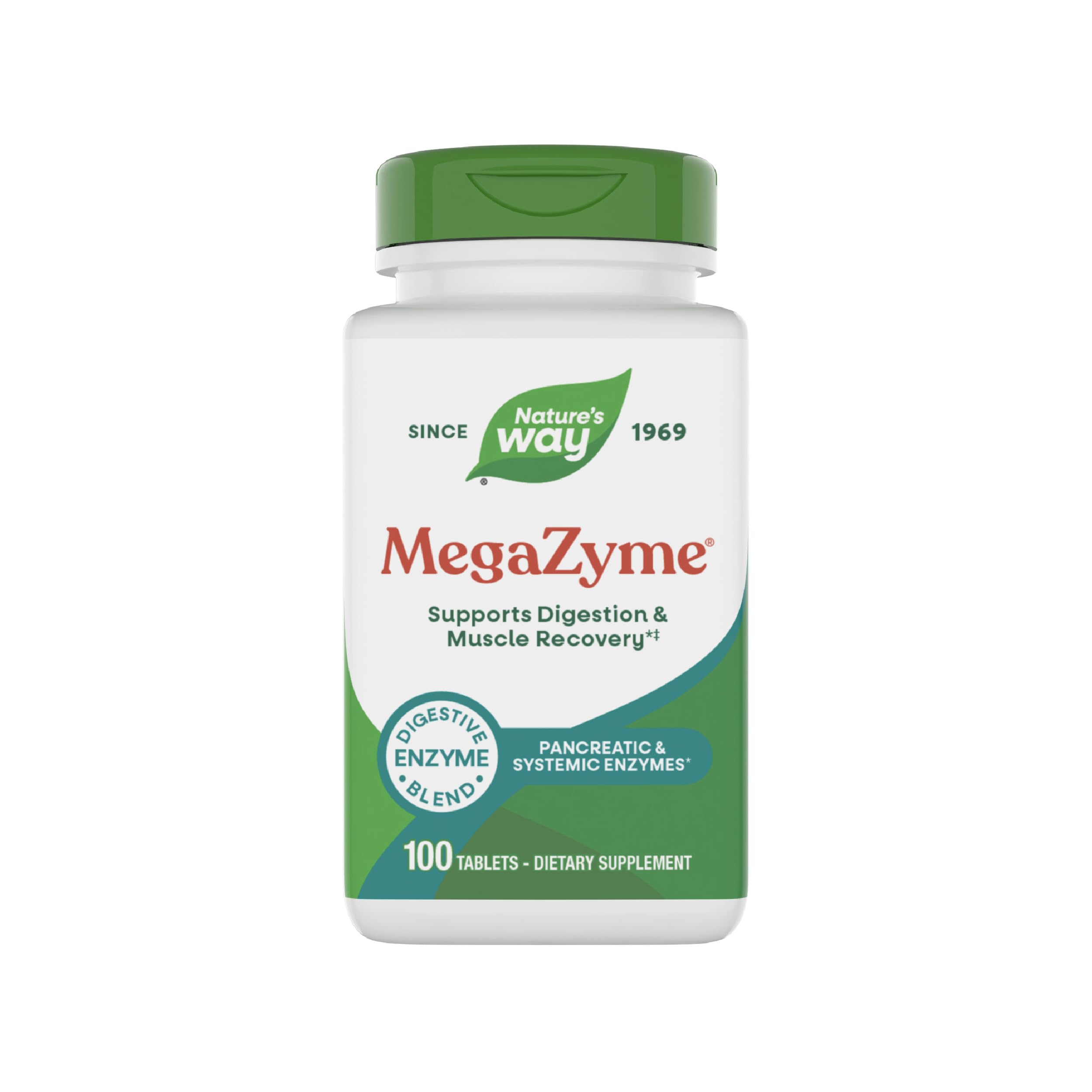Nature's Way frasco frontal mostrando Mega-Zyme y beneficios de uso