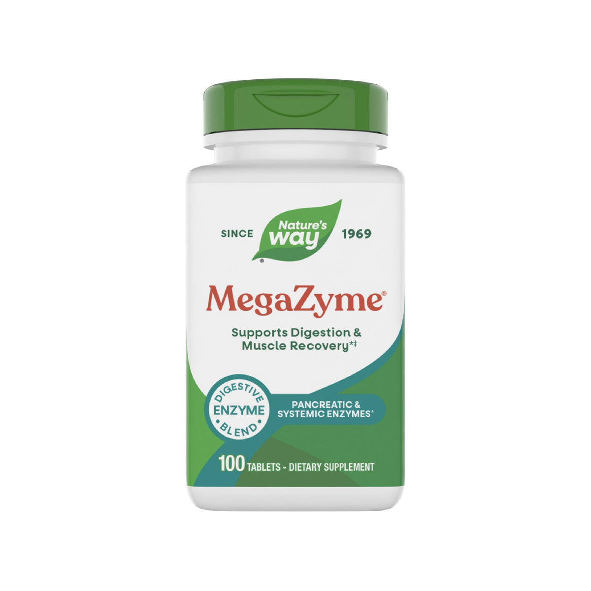 Nature's Way frasco frontal mostrando Mega-Zyme y beneficios de uso