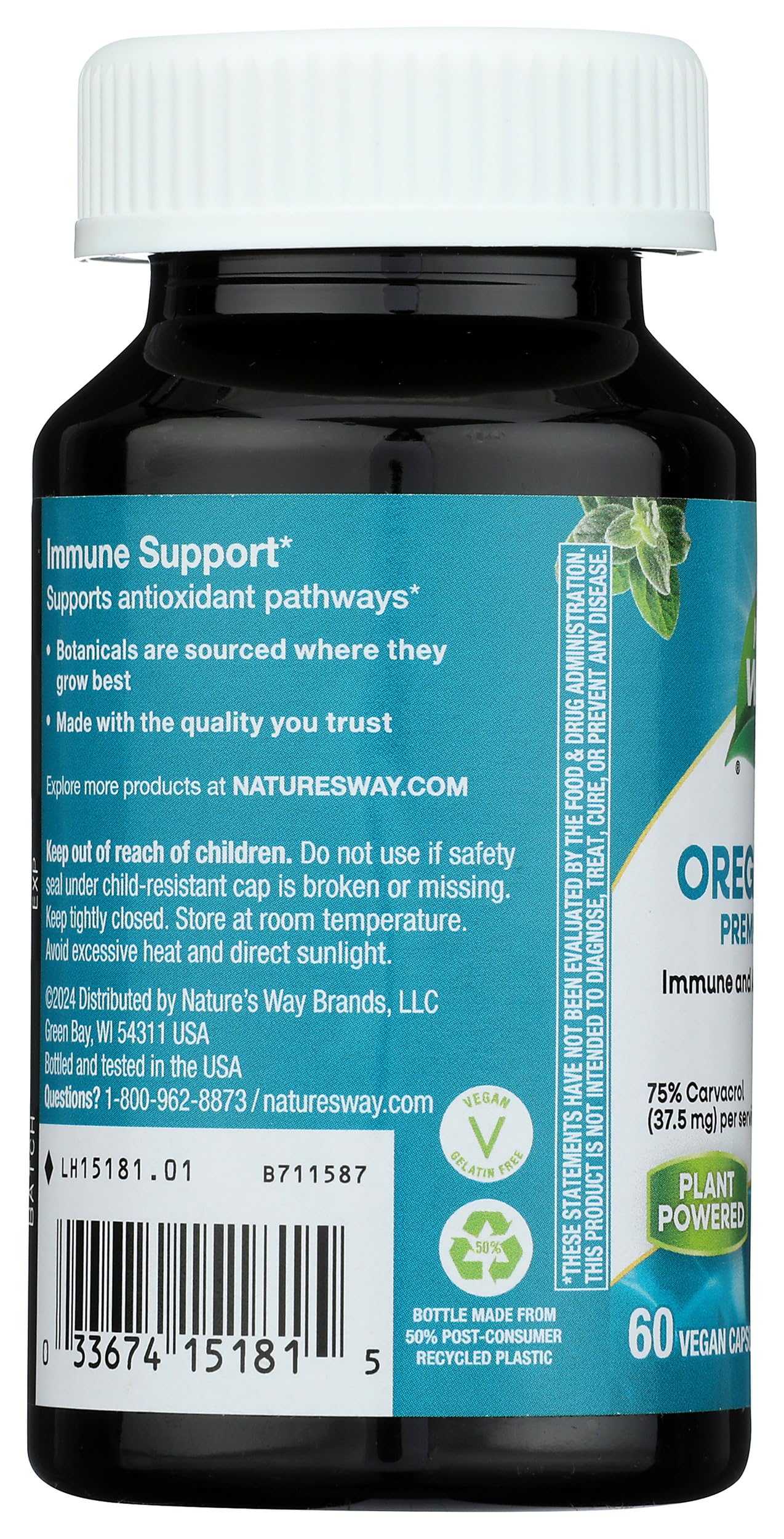 Nature's Way etiqueta con información nutricional y porcentaje de carvacrol visible