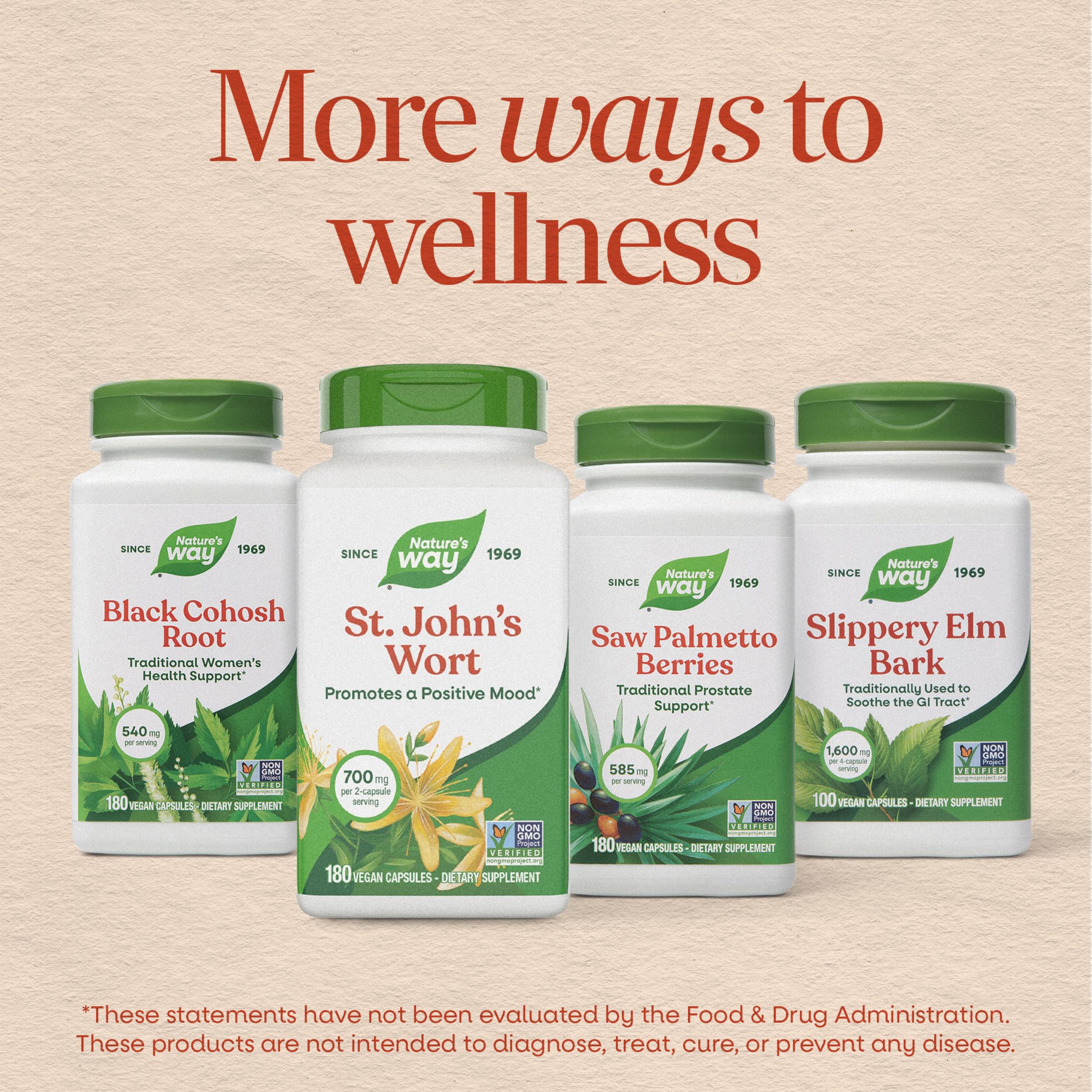 Nature's Way producto sobre hojas, representando origen botánico y tradición herbal