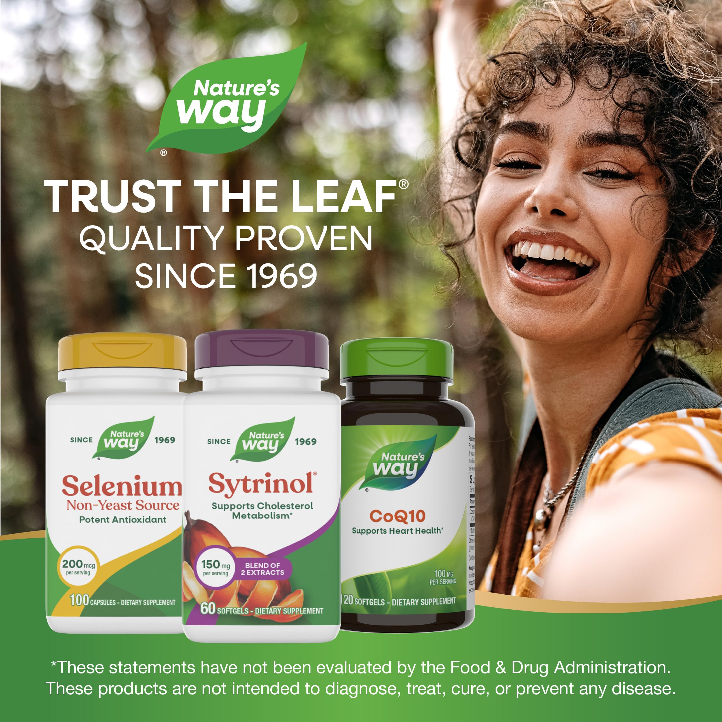 Mesa con alimentos saludables y frasco Nature's Way Sytrinol mostrando apoyo integral