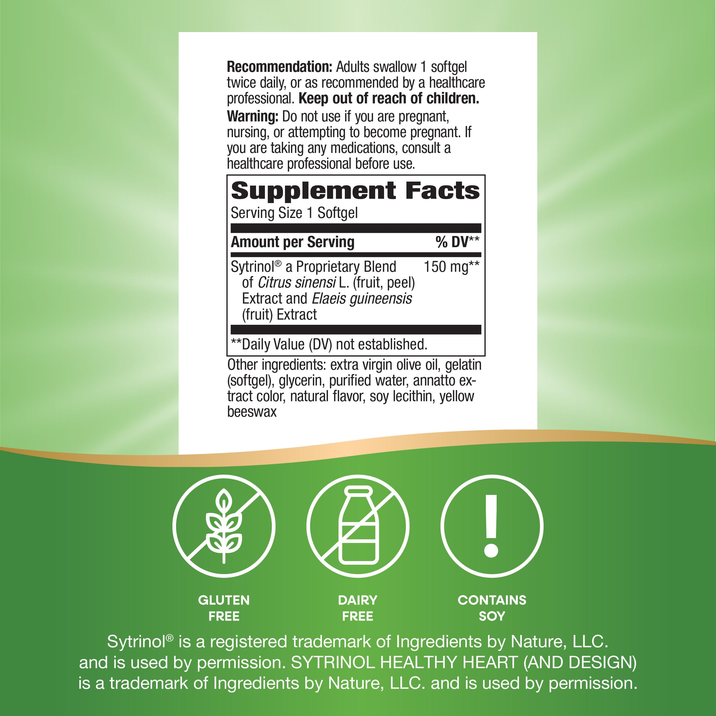 Frasco abierto Nature's Way Sytrinol mostrando 60 softgels y control de dosis