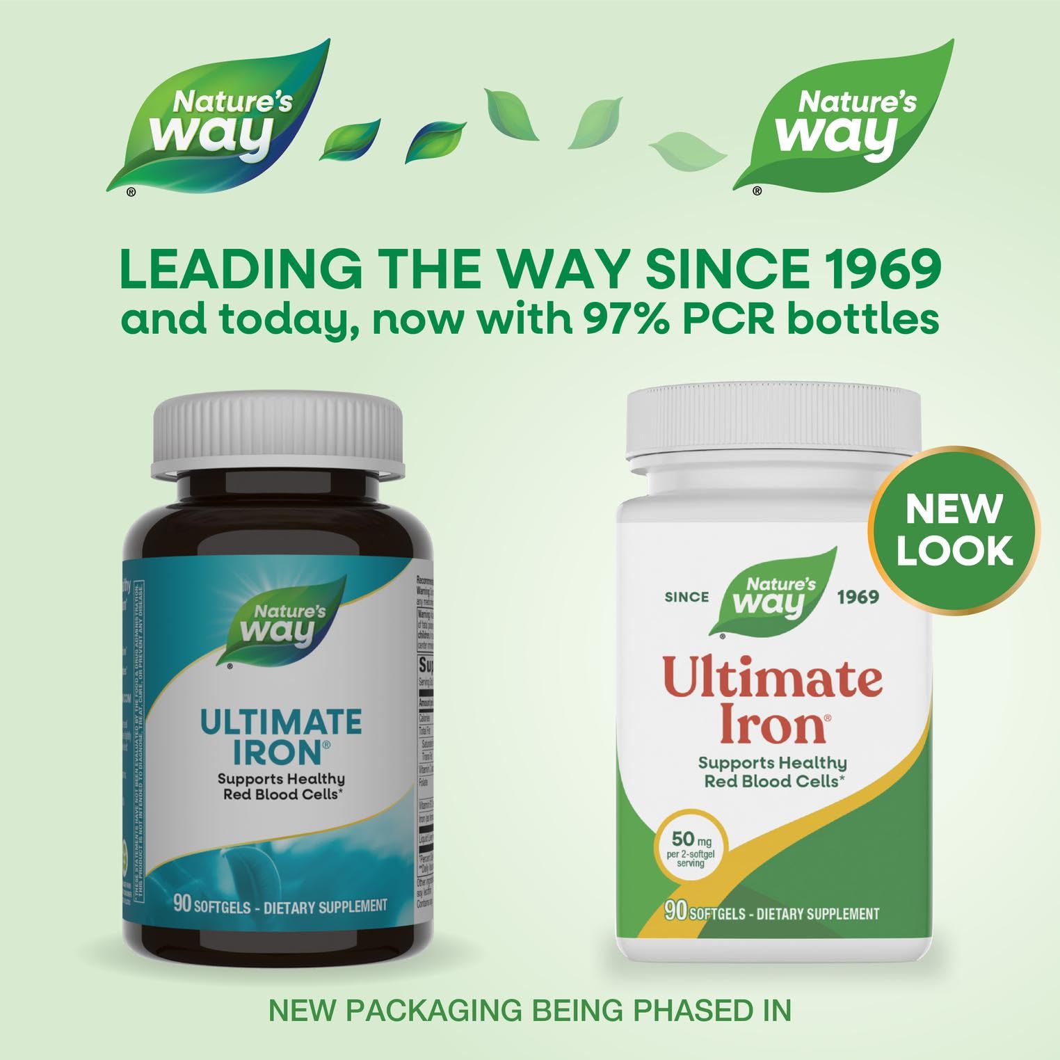 Nature's Way frasco abierto con softgels accesibles y práctica conservación