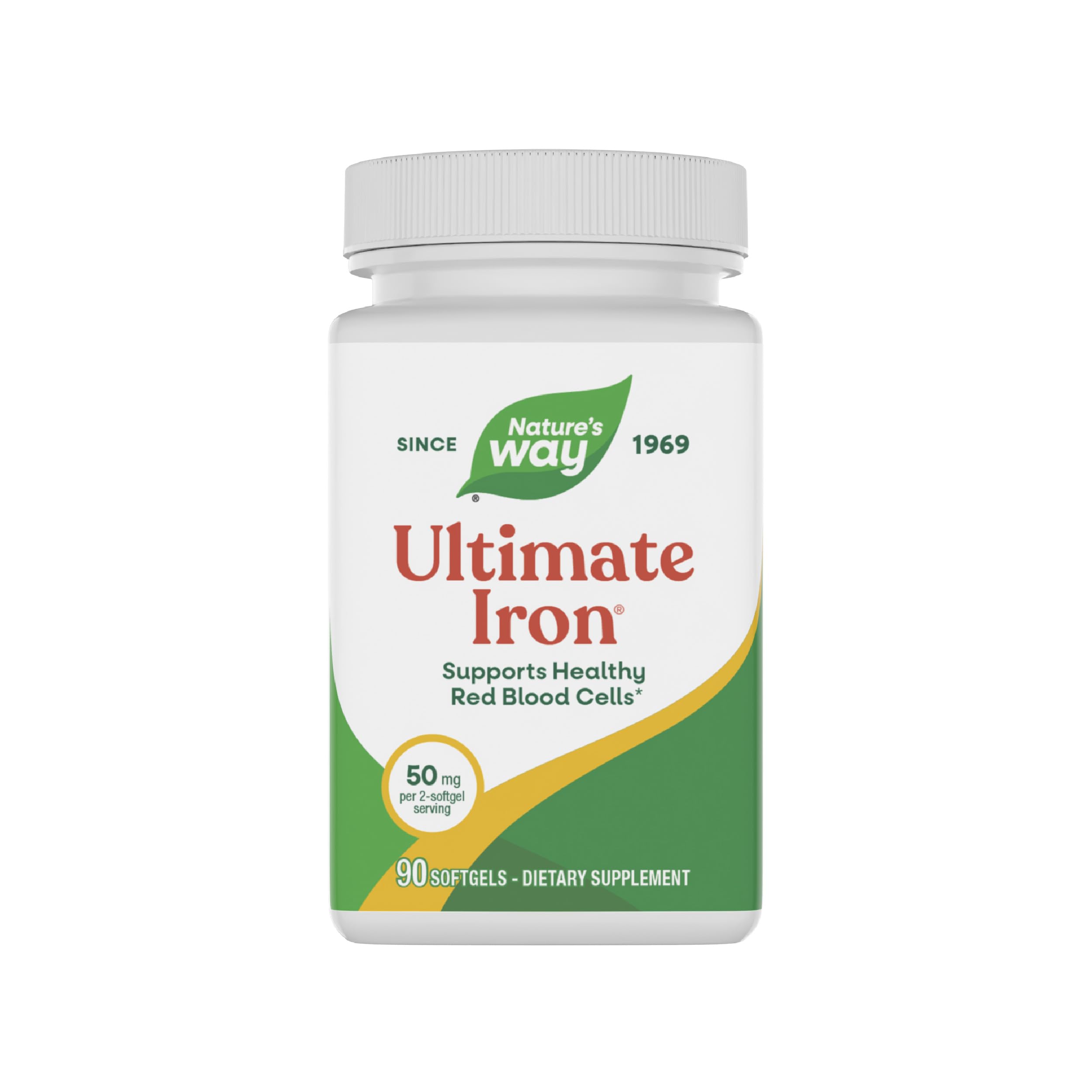 Nature's Way frasco frontal mostrando 90 softgels y beneficio de reposición