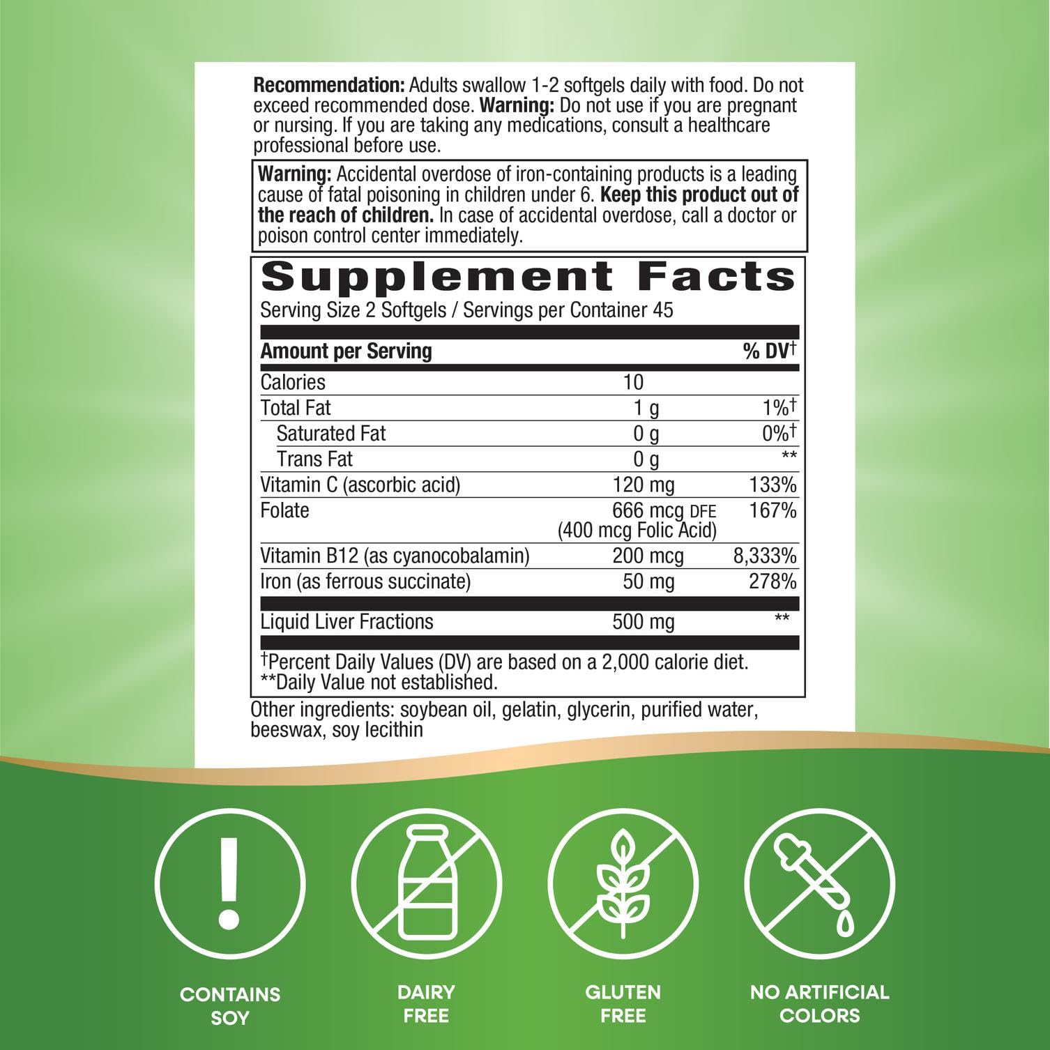 Nature's Way etiqueta con ingredientes claros para revisar contenidos y alérgenos