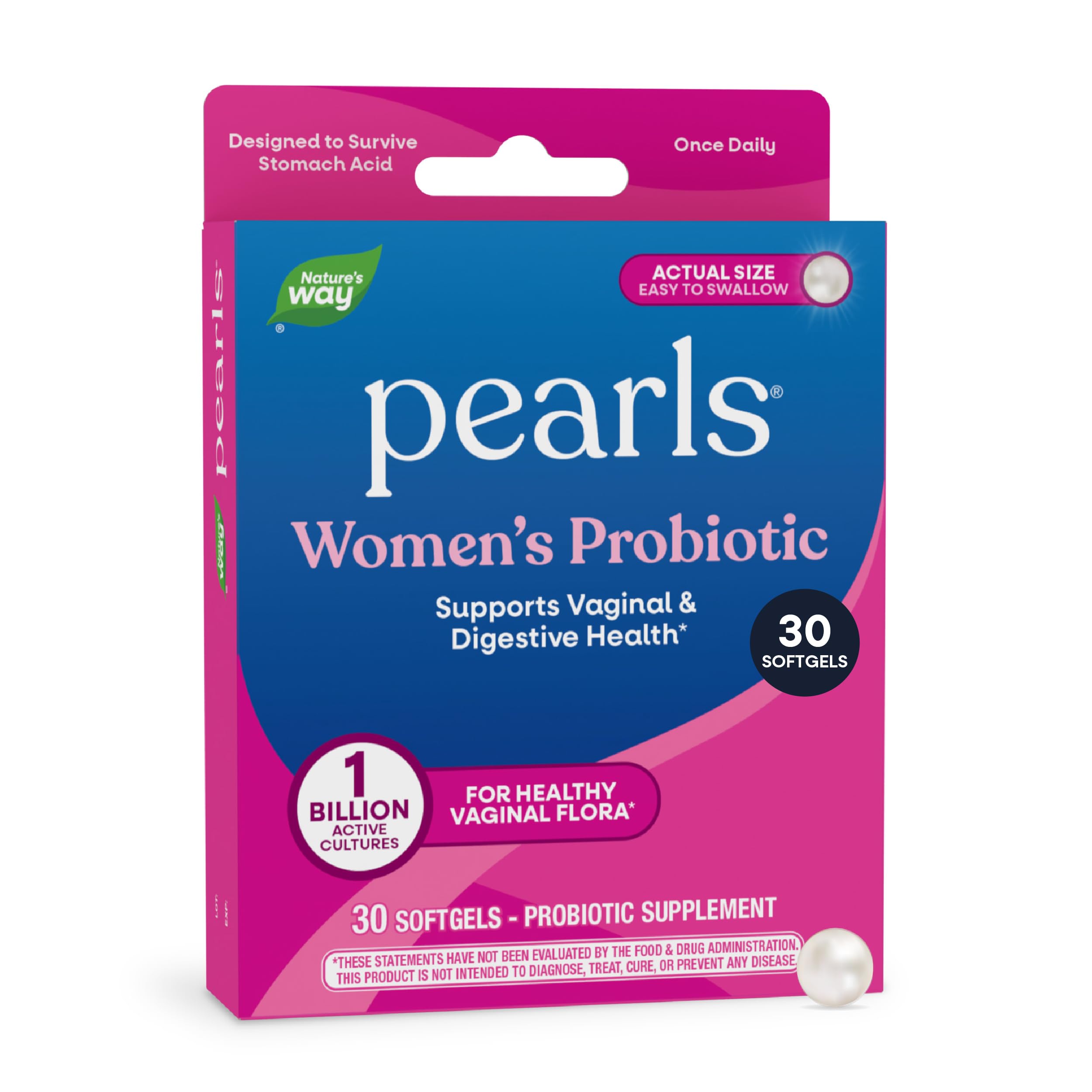 Nature's Way envase frontal de Women's Probiotic Pearls mostrando 30 ct y beneficios