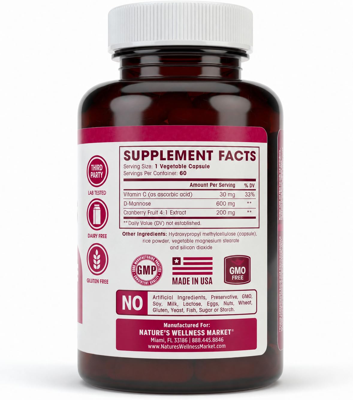 Natures Wellness polvo de D-mannosa en detalle para formulación pura y dosificación