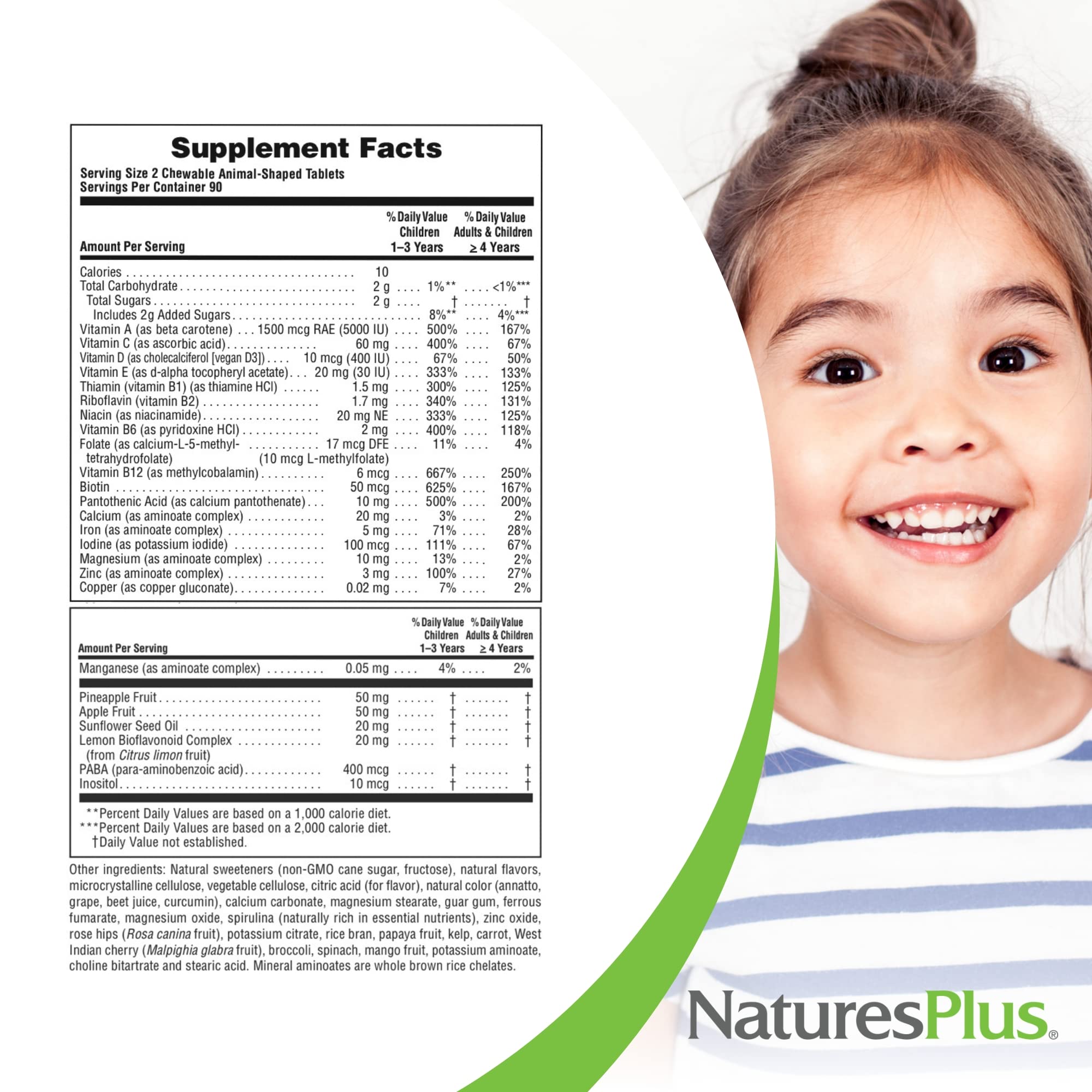 NaturesPlus etiqueta de ingredientes que destaca vitaminas, minerales y alimentos integrales