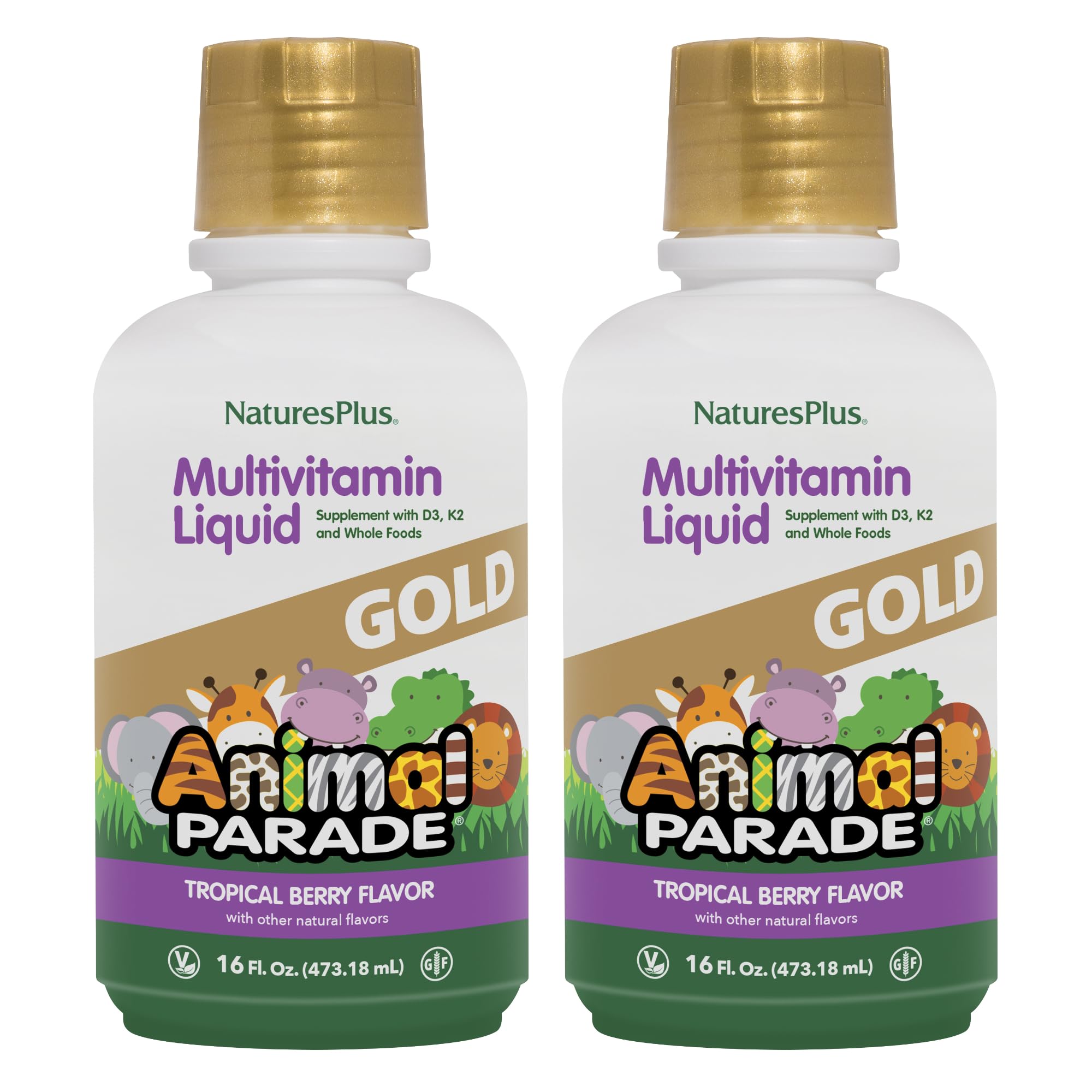 NaturesPlus botella frontal mostrando el envase y sabor tropical berry, fácil identificación