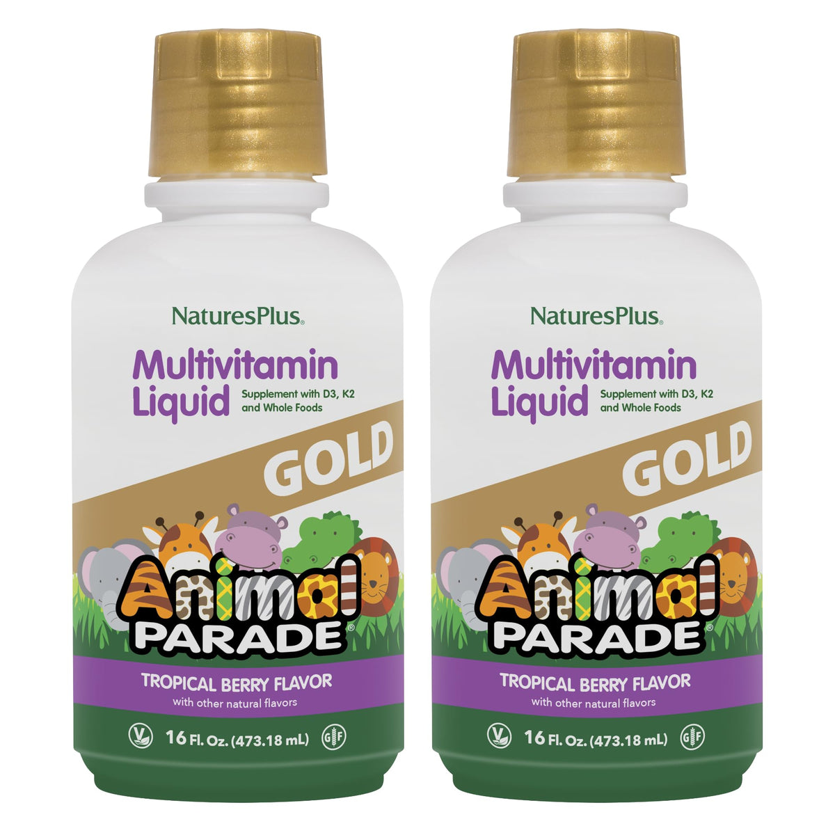 NaturesPlus botella frontal mostrando el envase y sabor tropical berry, fácil identificación
