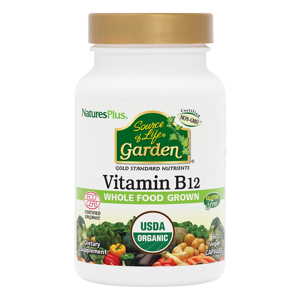 NaturesPlus frasco frontal de Source of Life Garden Vitamin B12 mostrando etiqueta y beneficios
