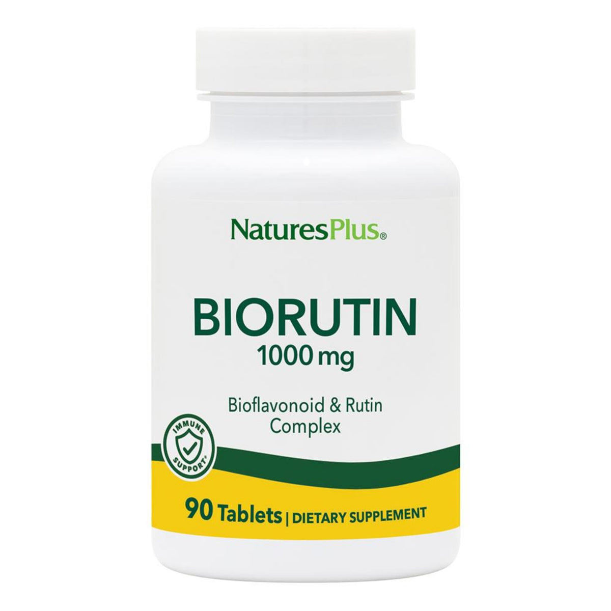 NaturesPlus Biorutin frente del envase mostrando 90 tabletas y ventajas vegetarias