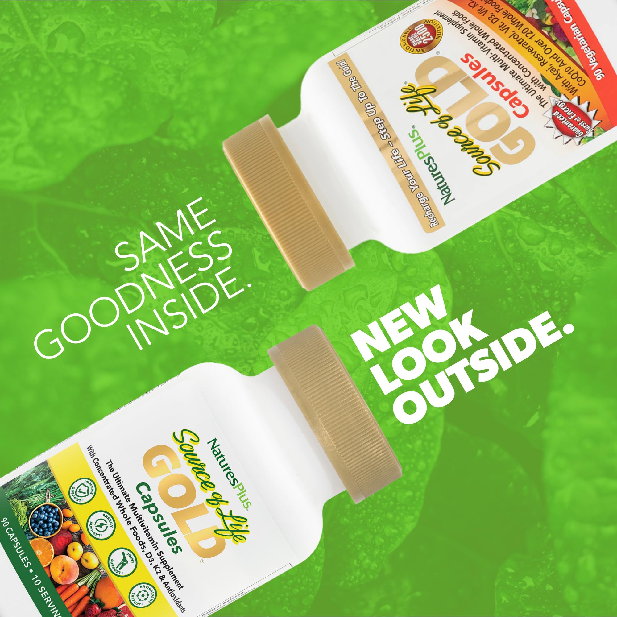 NaturesPlus cápsulas vegetales en primer plano, fácil de tragar y puro