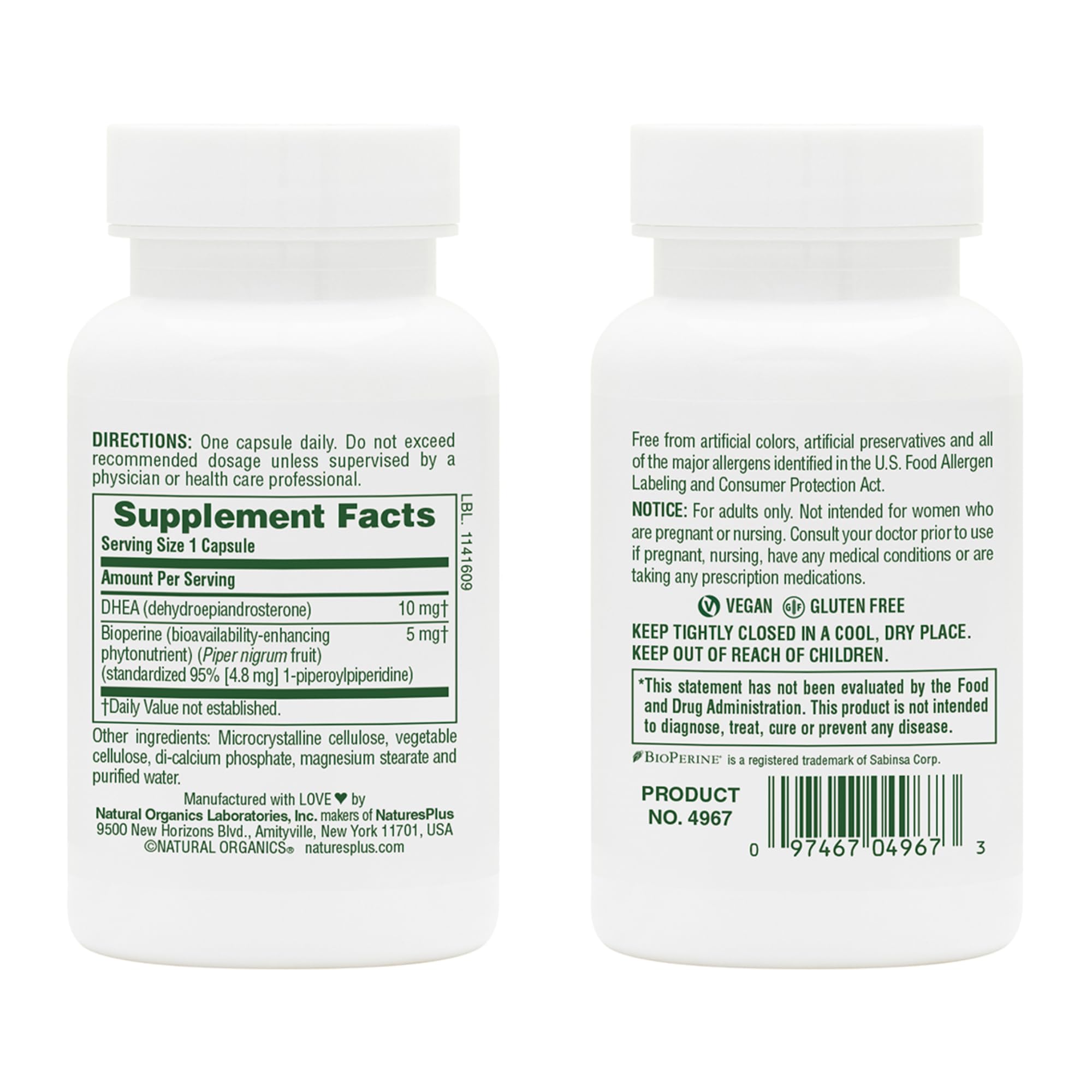 NaturesPlus DHEA-10 cápsula en mano para visualizar tamaño y dosificación